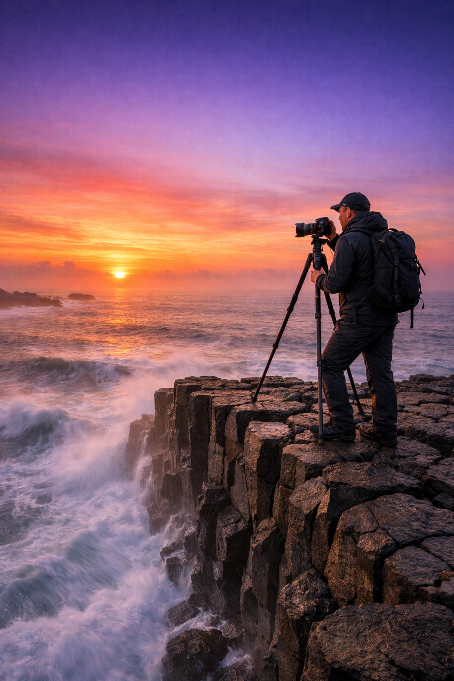 A landscape photographer using a tripod to capture a coastal sunrise on a rocky basalt cliff.