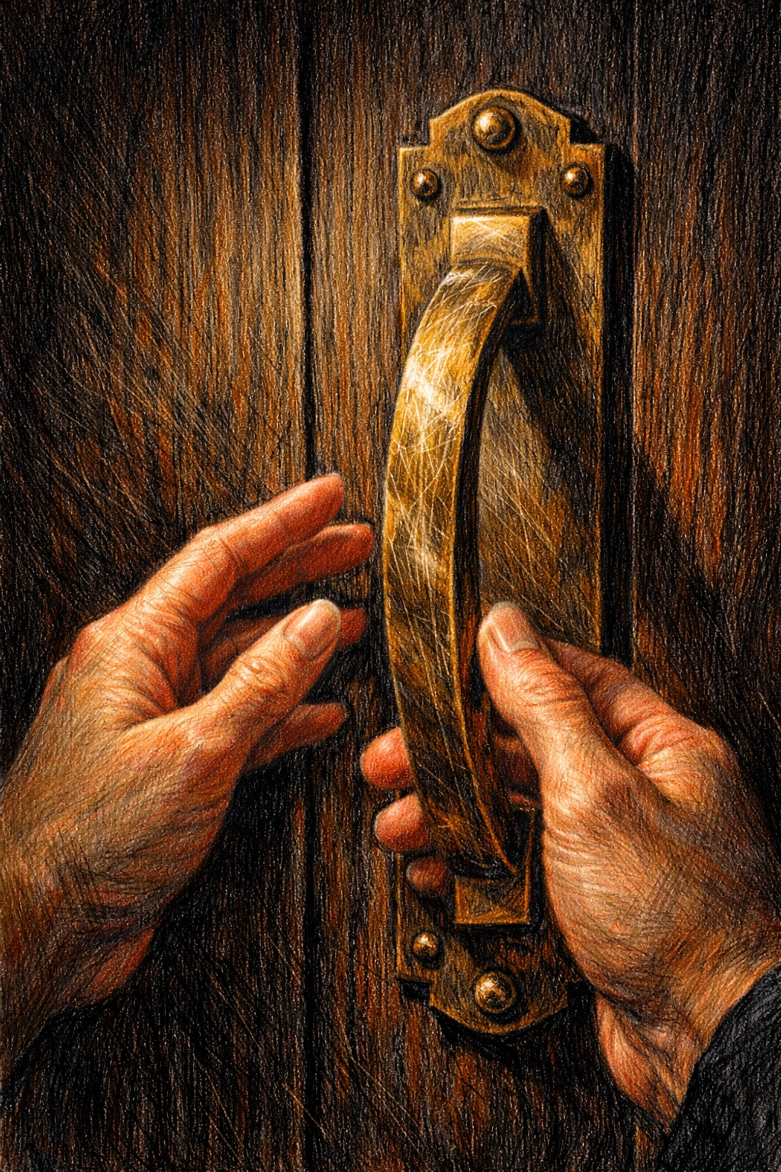 Bespoke brass door handle on a textured oak door representing luxury hospitality touchpoints.