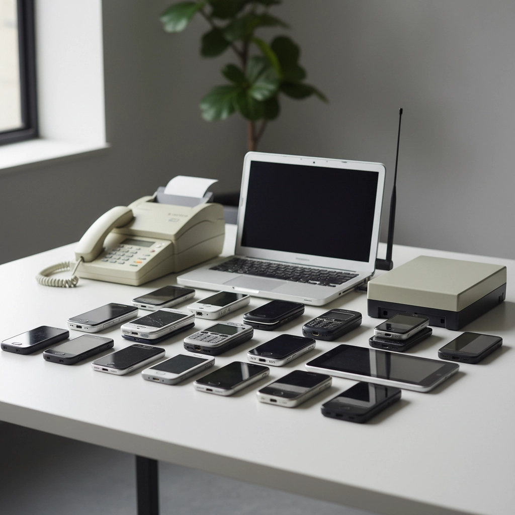 a selection of desk based electronics and mobile devices