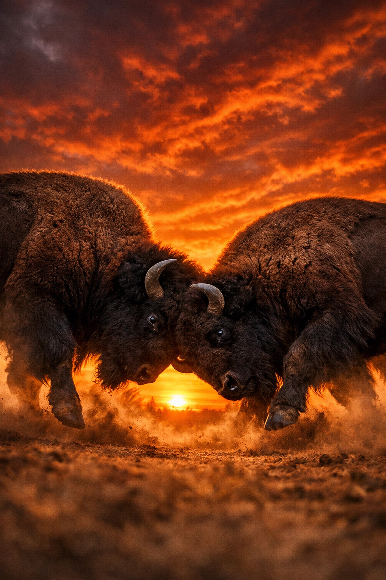 Two bull bison sparring at sunset, showing the intense dominance and physical tension of male rivals.