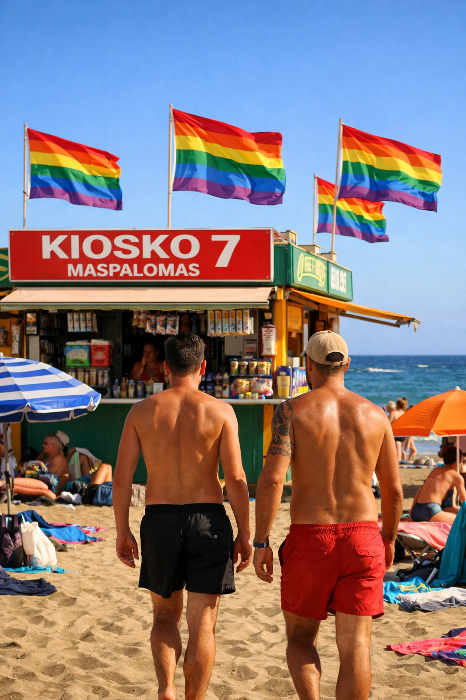 Kiosk 7 at Maspalomas gay beach with rainbow flags and visitors on Gran Canaria