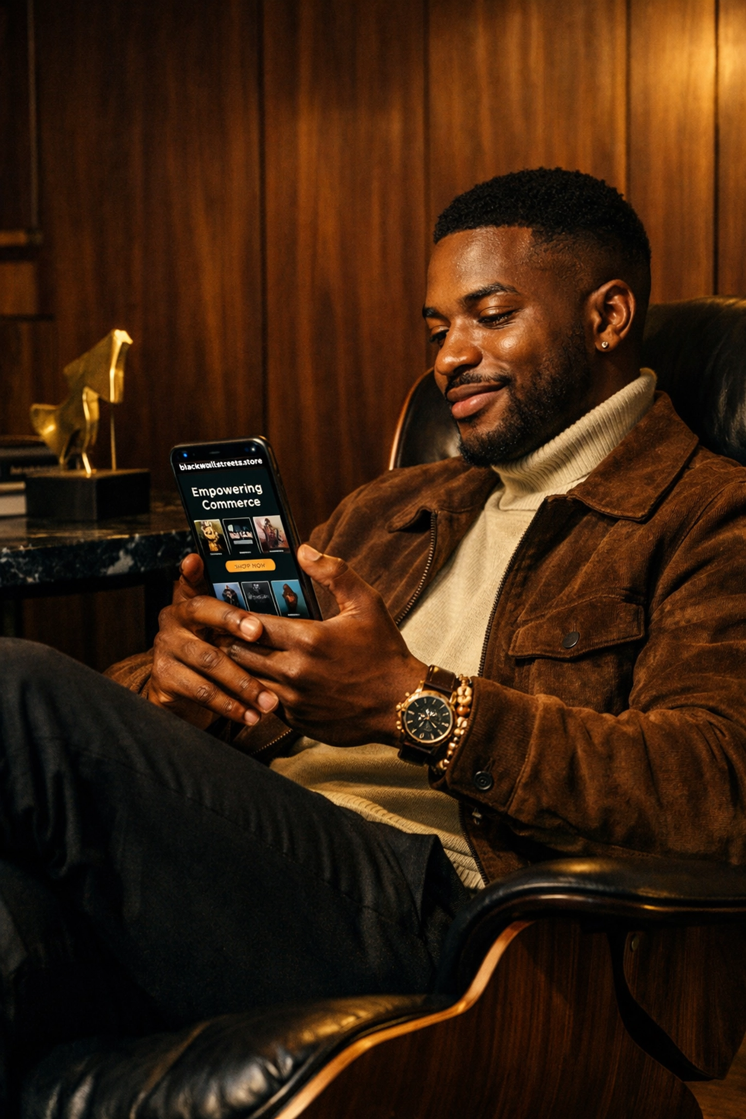 Black man shopping on the Black Wall Streets marketplace website using a smartphone in a modern office.