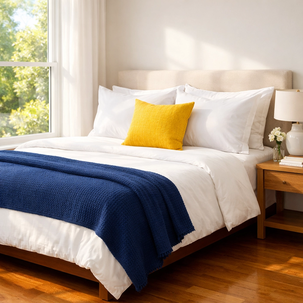 Clean guest bedroom with fresh bedding prepared by professional cleaners in Leominster MA.