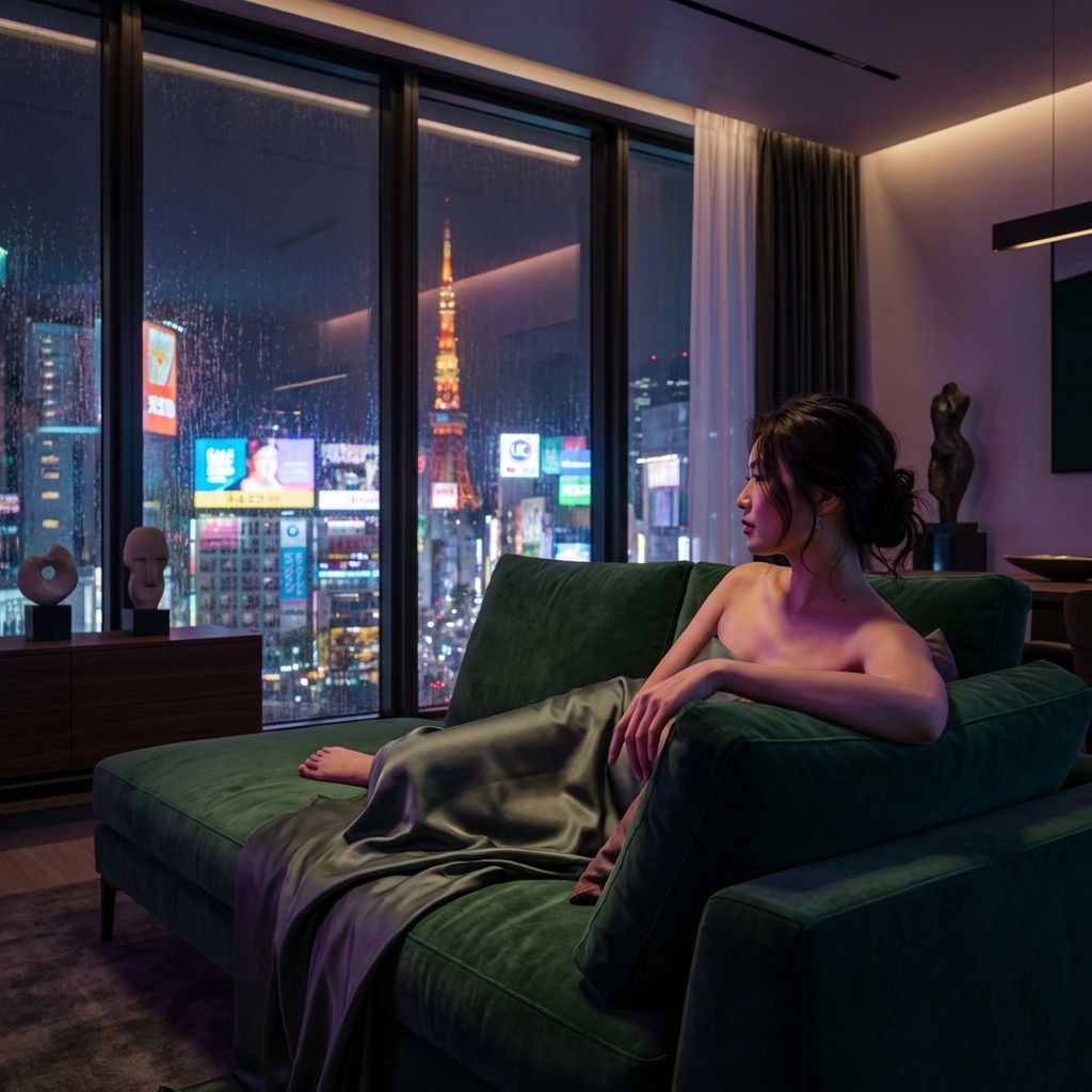 Asian woman nude art on a velvet sofa in a Tokyo penthouse with high-definition fine art nude photography detail.