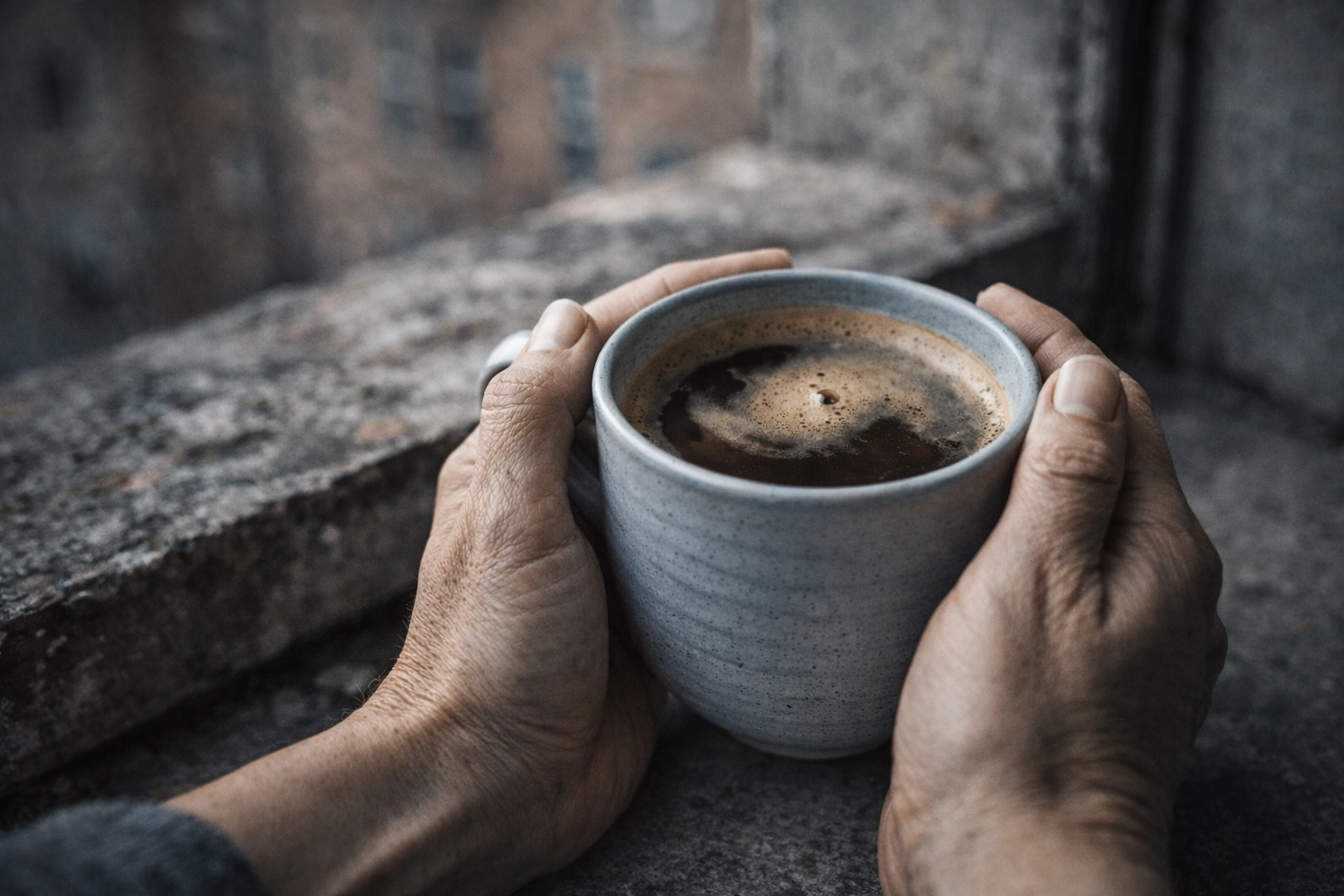 Hands holding warm coffee cup during peer support meeting moment