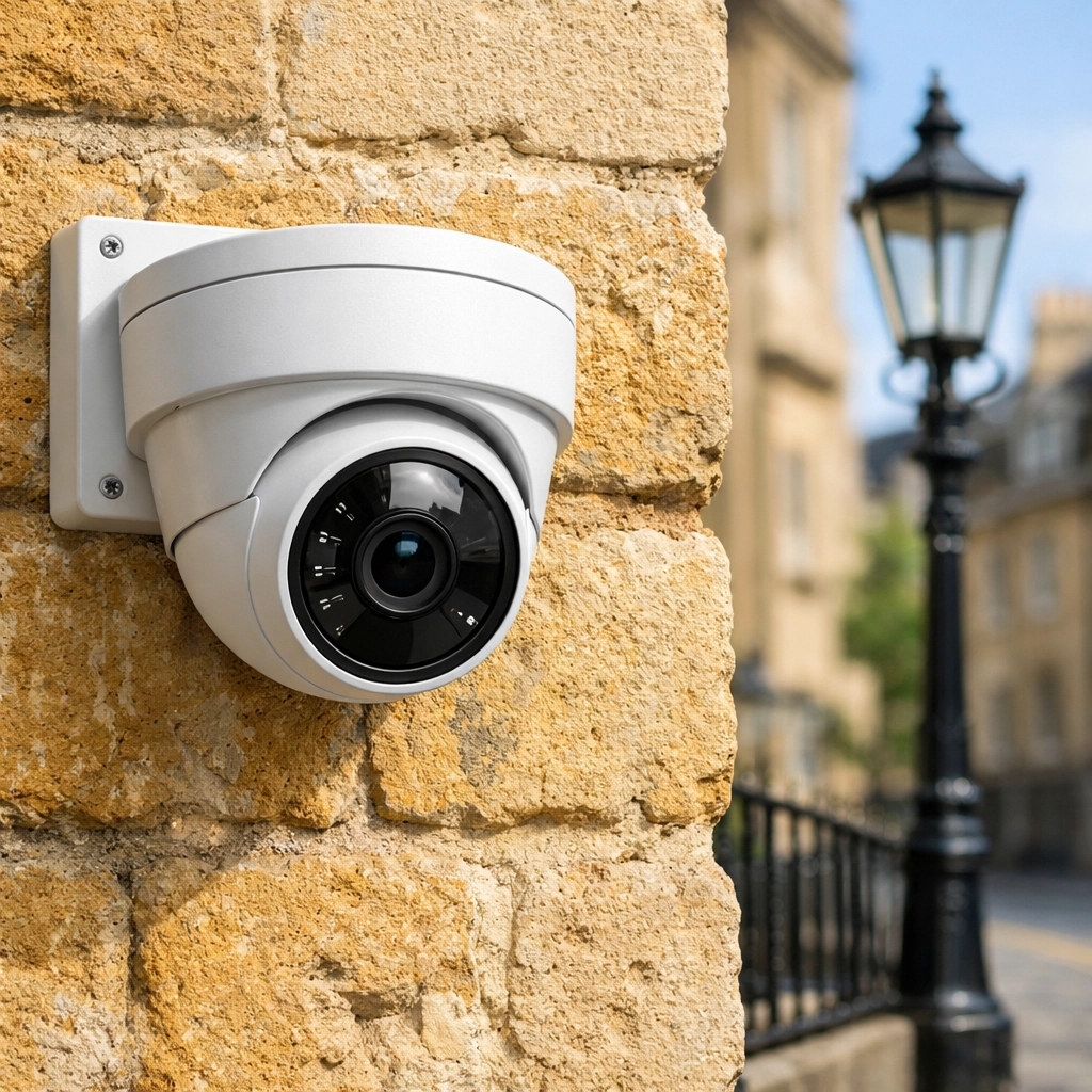Discreet white turret security camera installed on a historic limestone wall by CCTV installers in Bath.