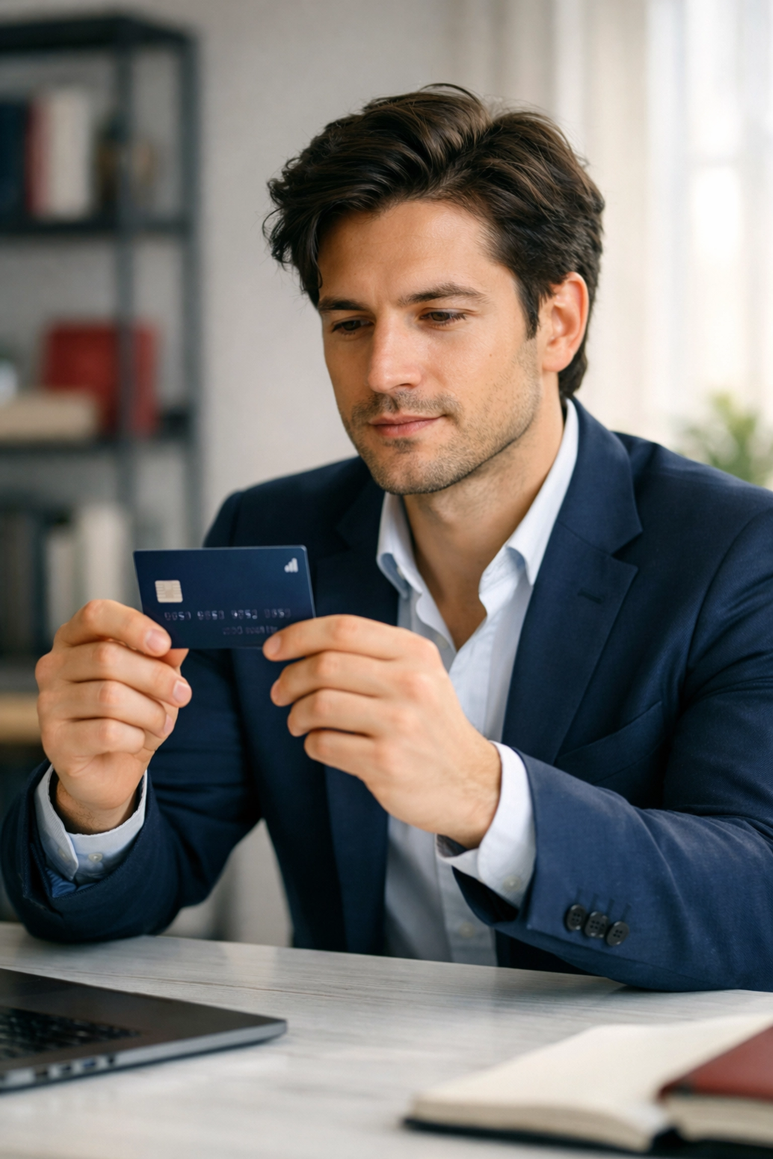 Young Texas professional holding a credit card while building credit from scratch at a desk.