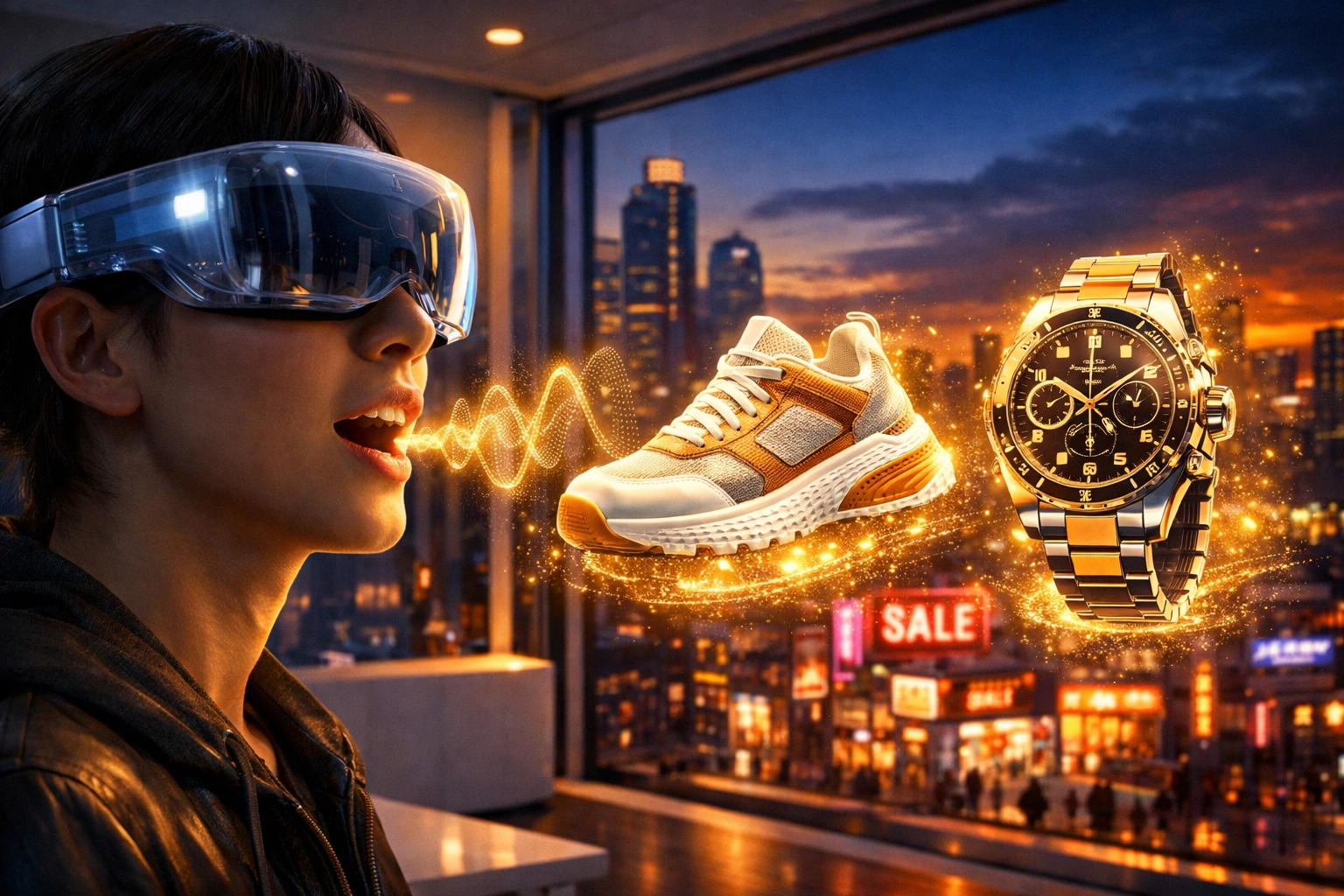 A user experiencing AI-driven metaverse shopping with voice-activated Web3 payment technology.