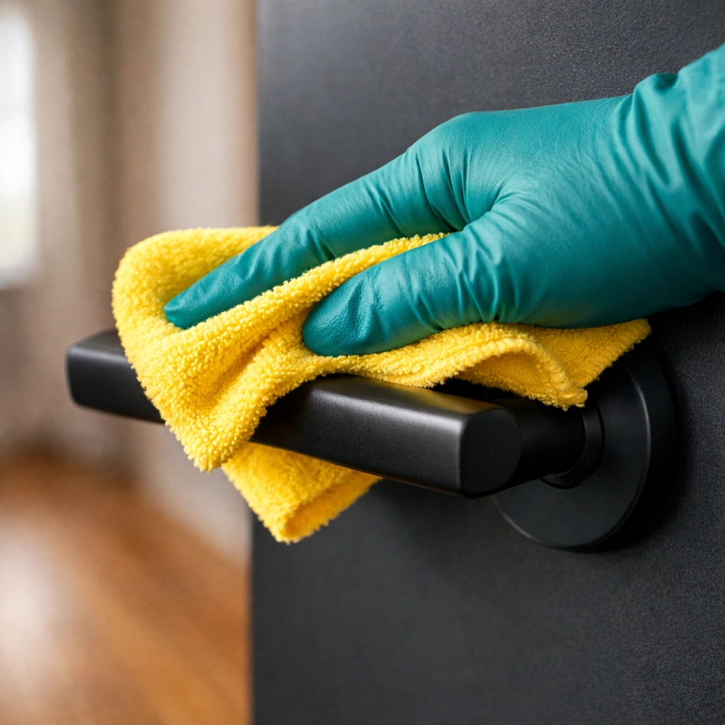 Professional cleaner disinfecting a door handle to maintain high hygiene standards in a clean home.