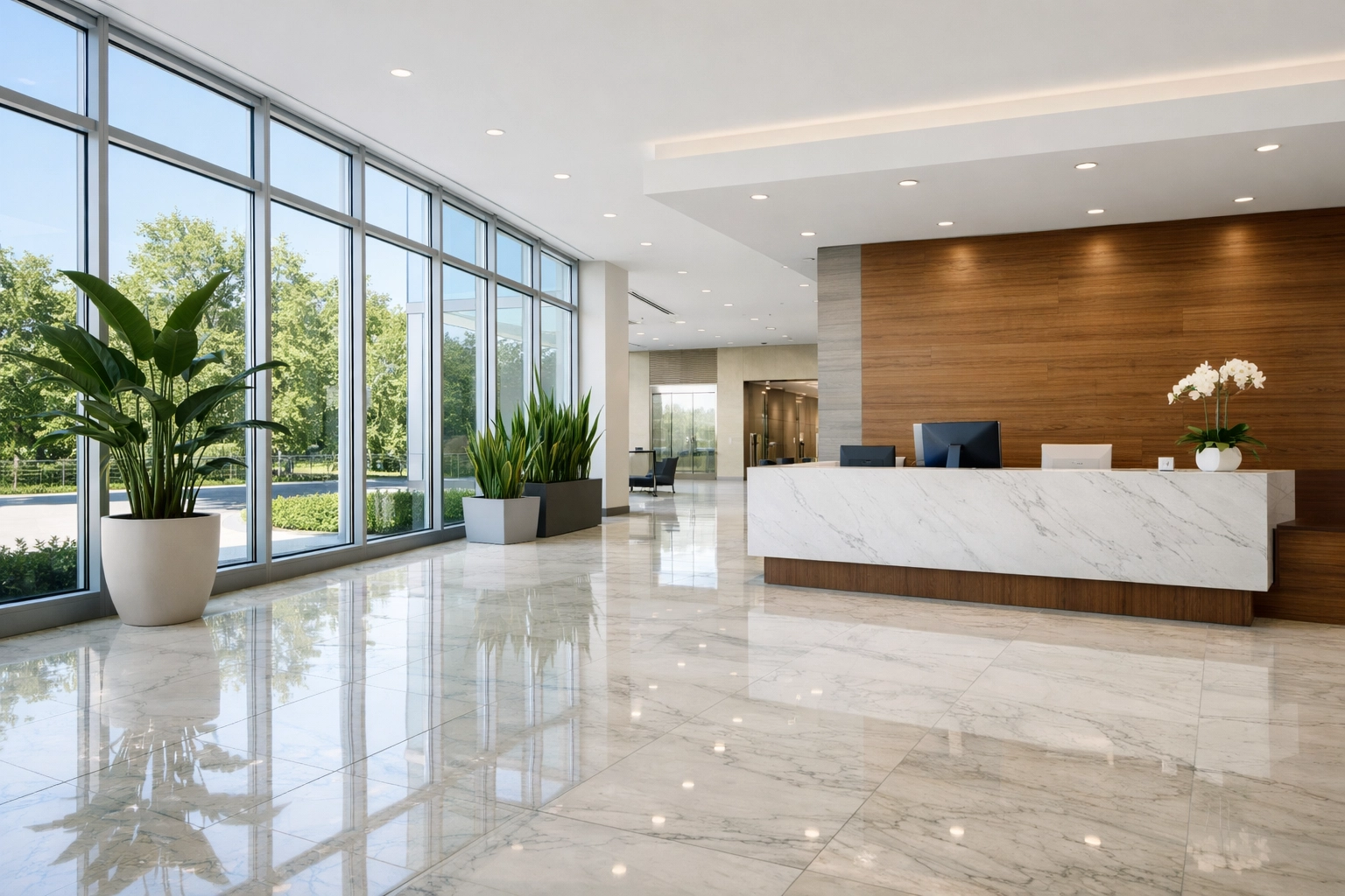 Pristine corporate lobby with polished marble floors cleaned by commercial cleaning services in Westchester County NY.