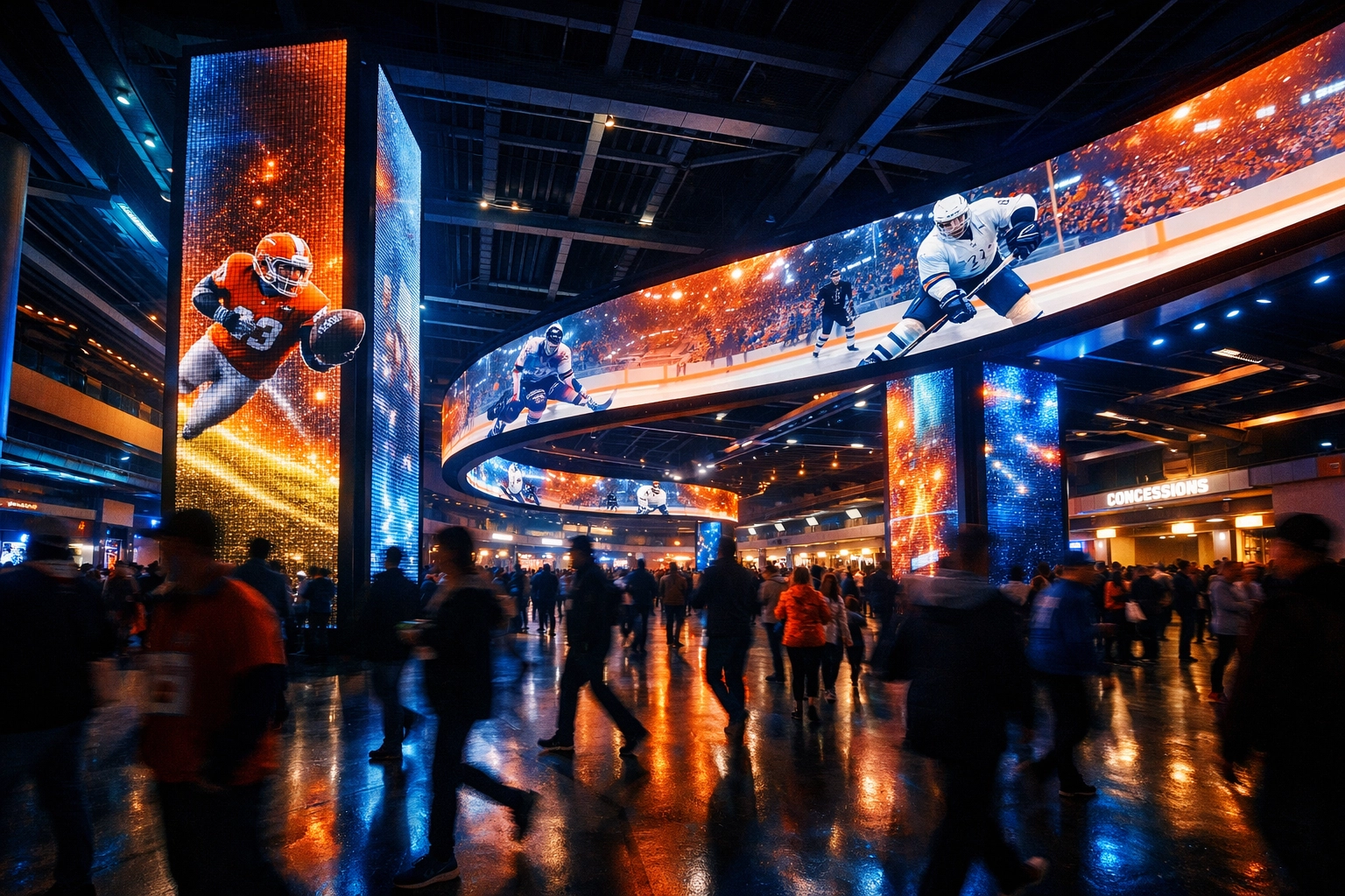 Sporttron digital network LED displays in a futuristic stadium showcasing modern sports marketing branding.