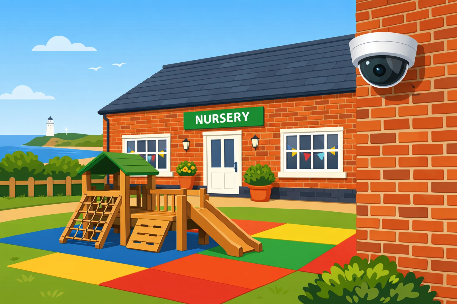 Professional nursery CCTV camera overlooking a secure outdoor play area in Bournemouth.