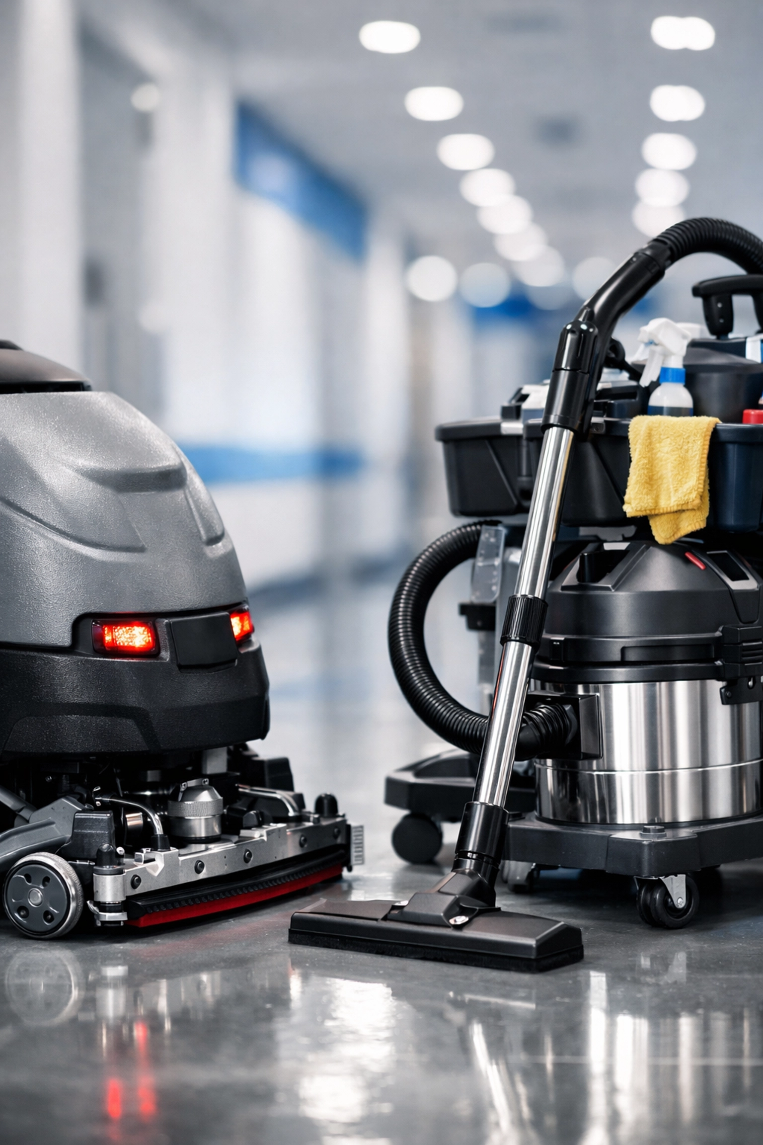 Advanced commercial cleaning equipment in a bright hallway representing elite janitorial standards.
