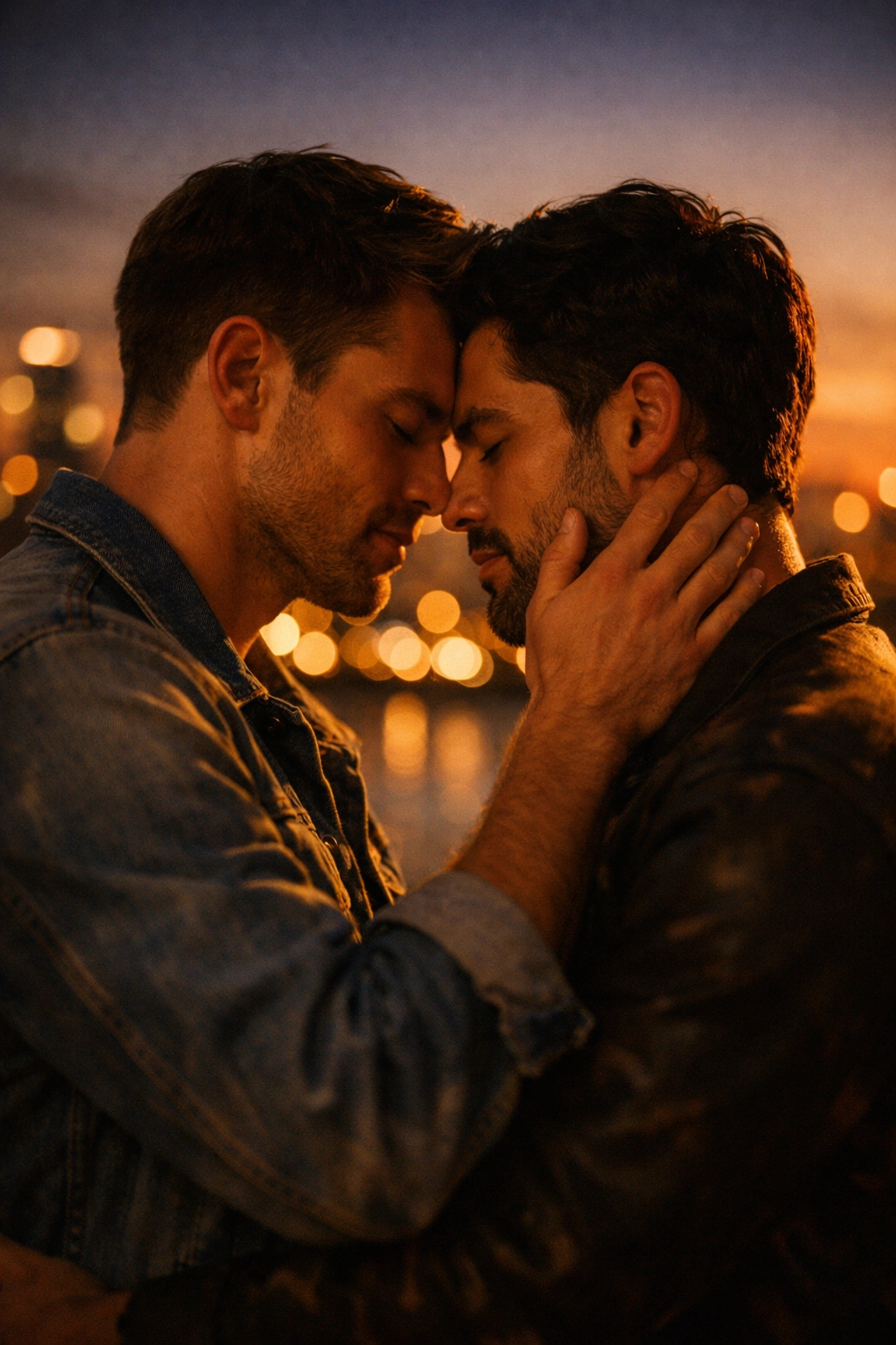Romantic portrait of two men in a tender embrace, reflecting the themes of modern MM romance novels.