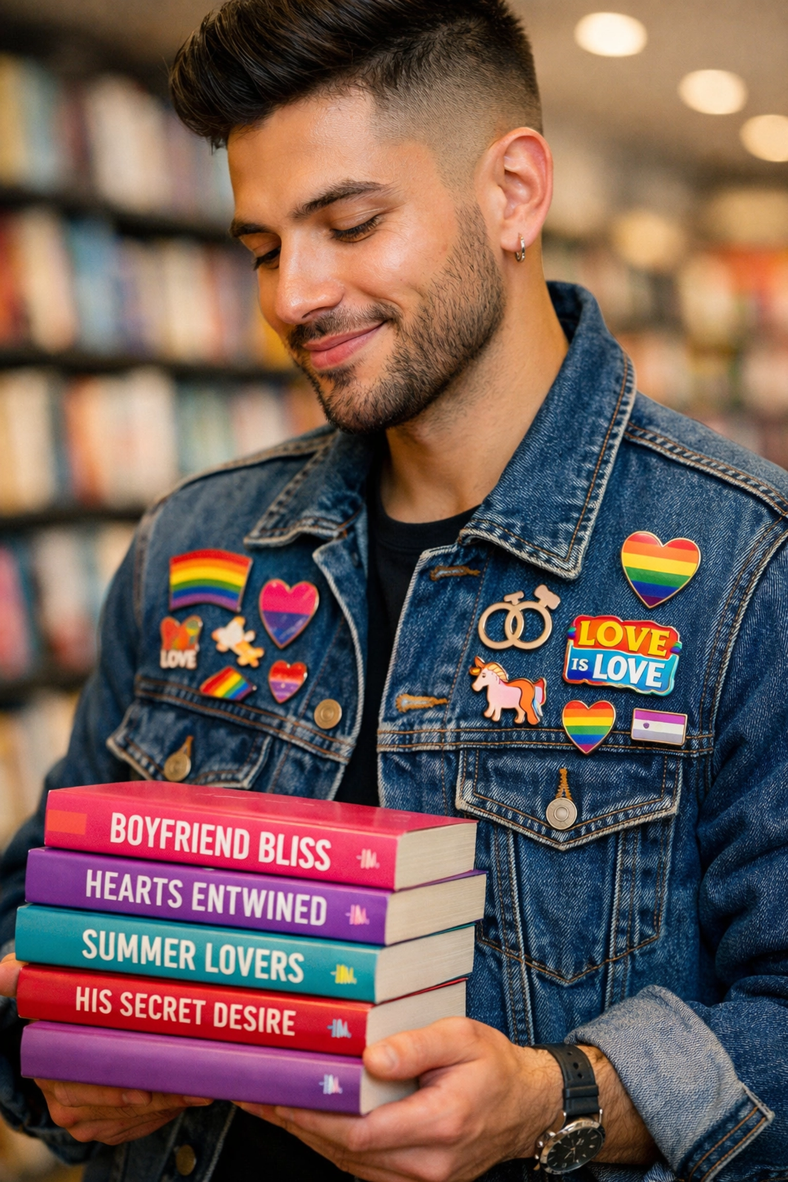 Gay man in a bookstore wearing a denim jacket adorned with Pride pins and holding MM romance novels.