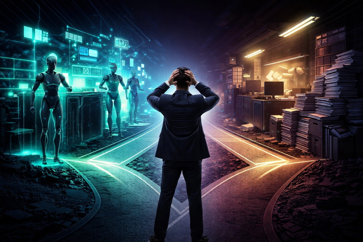 A business professional stands at a crossroads between outdated office tools and advanced AI agents, illustrating the hiring challenge in the age of automation.