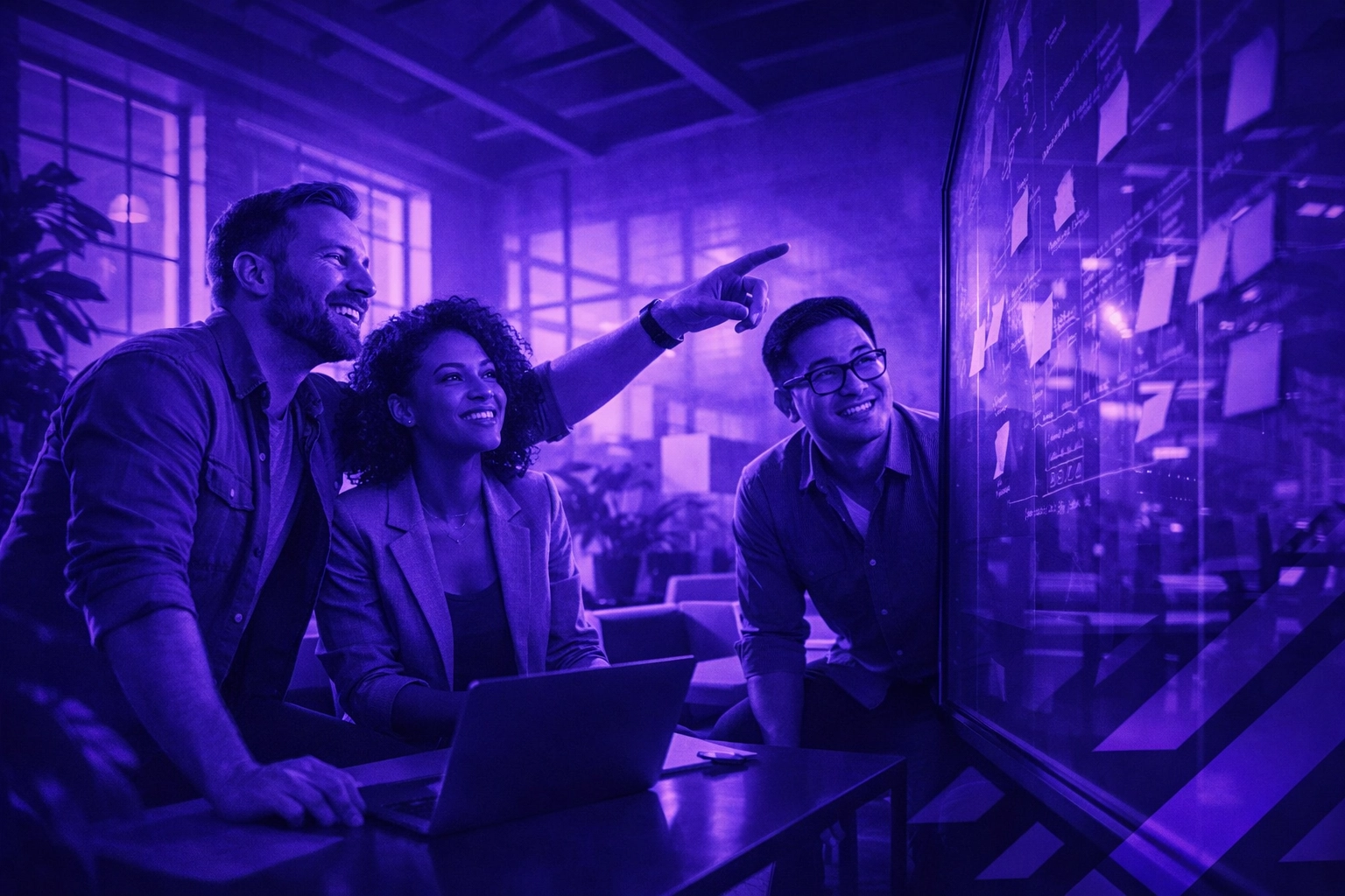 Professional team collaborating in a modern office after successful enterprise AI implementation.