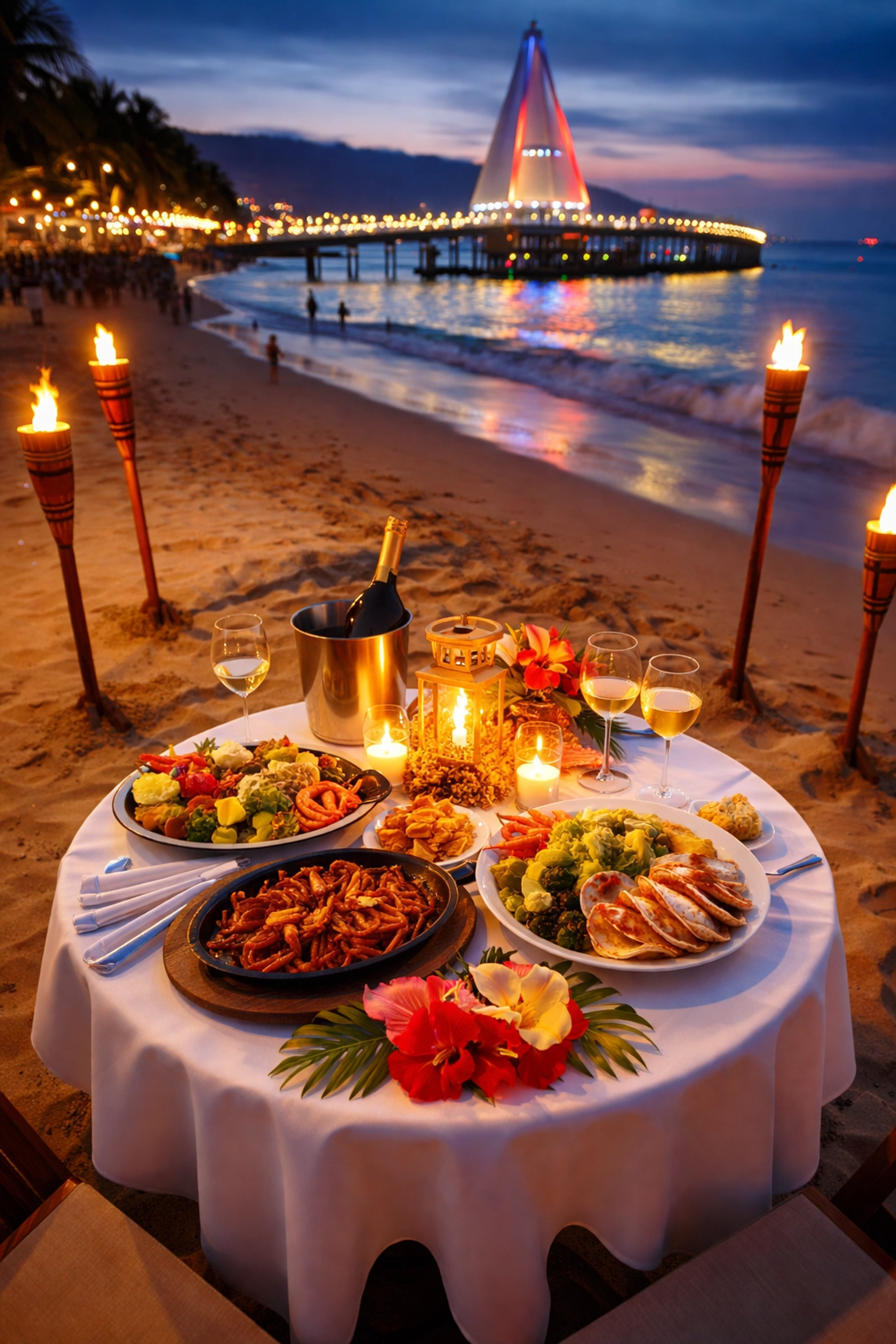 Romantic candlelit beachfront dinner setup on Los Muertos Beach in Puerto Vallarta at dusk