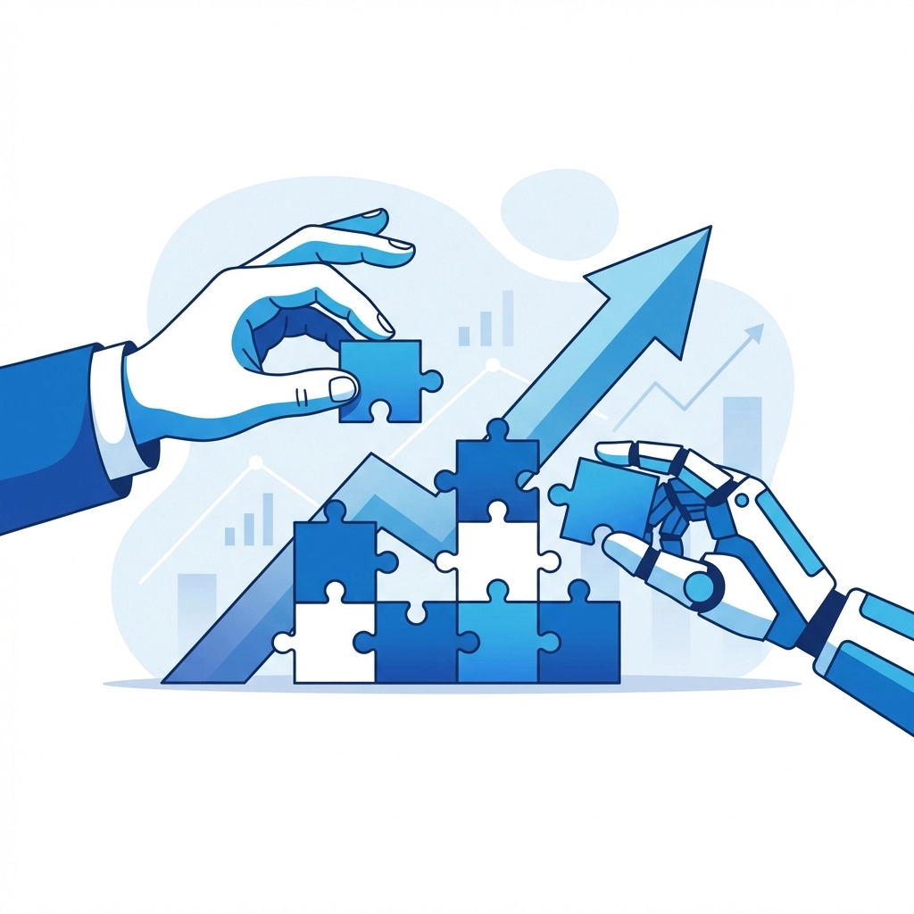Human and robot hands assembling a graph, showing the benefits of hybrid SEO strategies