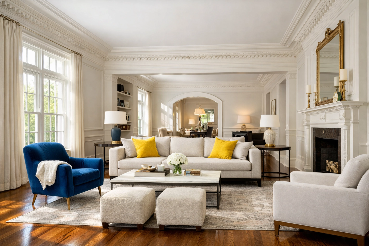 A spotless high-end living room in Massachusetts illustrating tailored cleaning services near me for large estates.