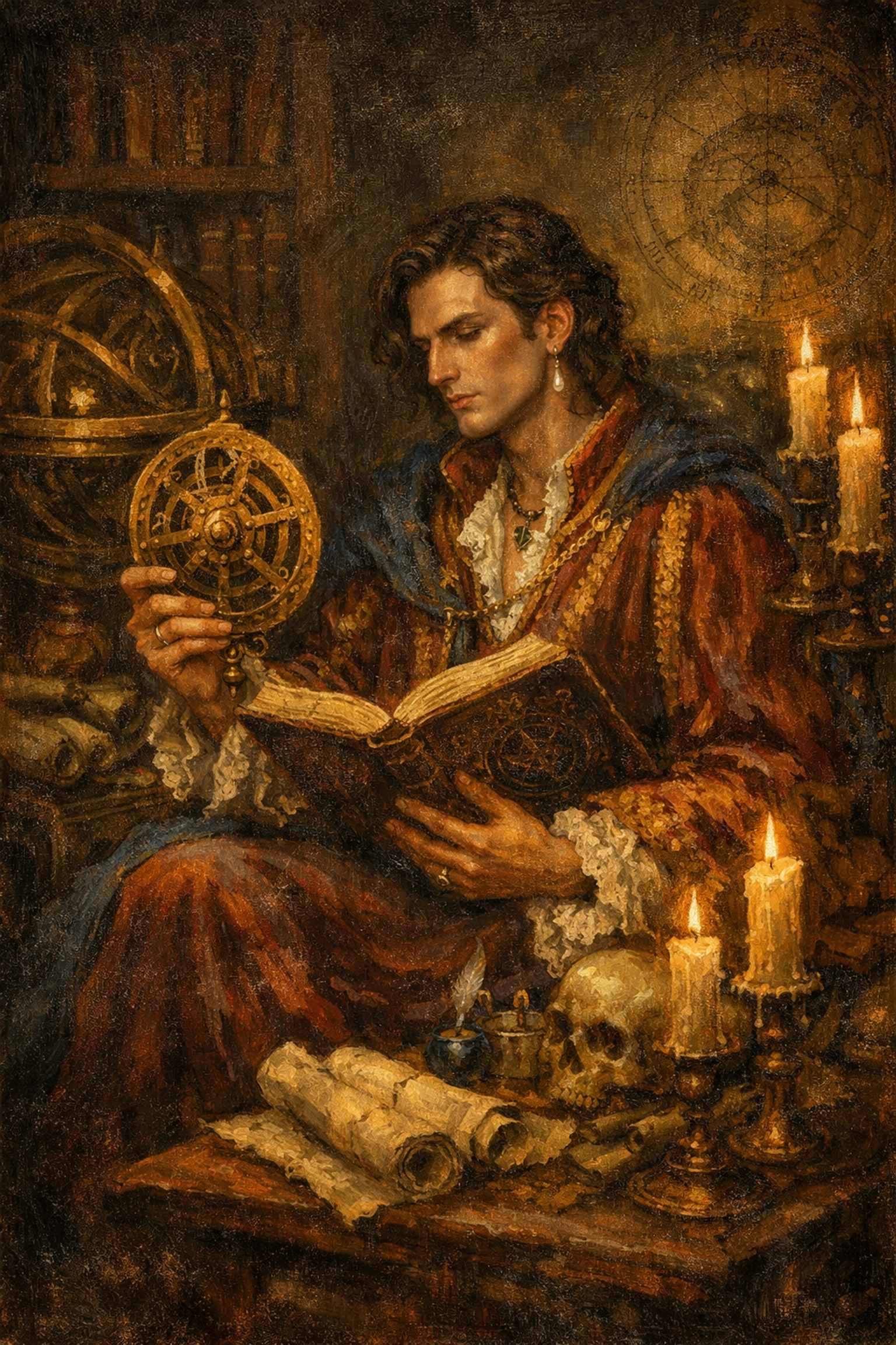 A queer mystic in historical robes studying ancient occult books in a candlelit library.