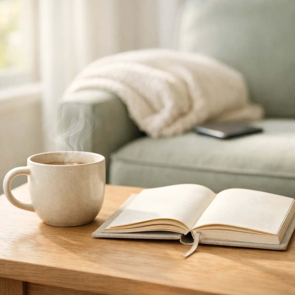 Calm morning scene with a journal and coffee, representing a sustainable online business rhythm for moms.
