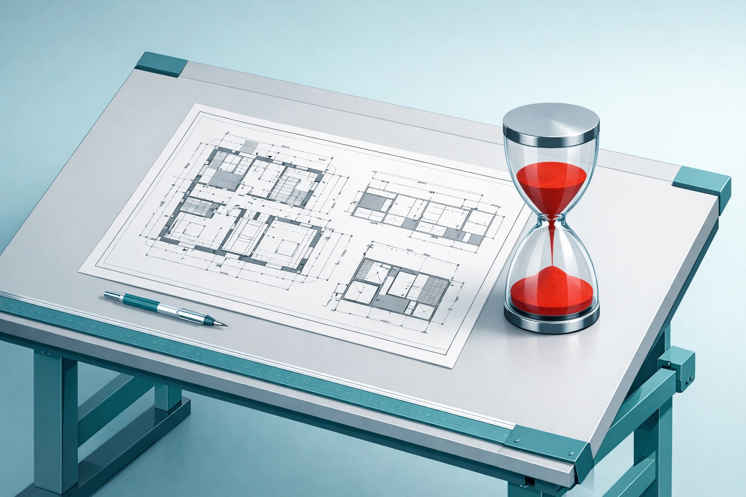 Blueprints and hourglass symbolizing the risks of an expired building permit in Florida.