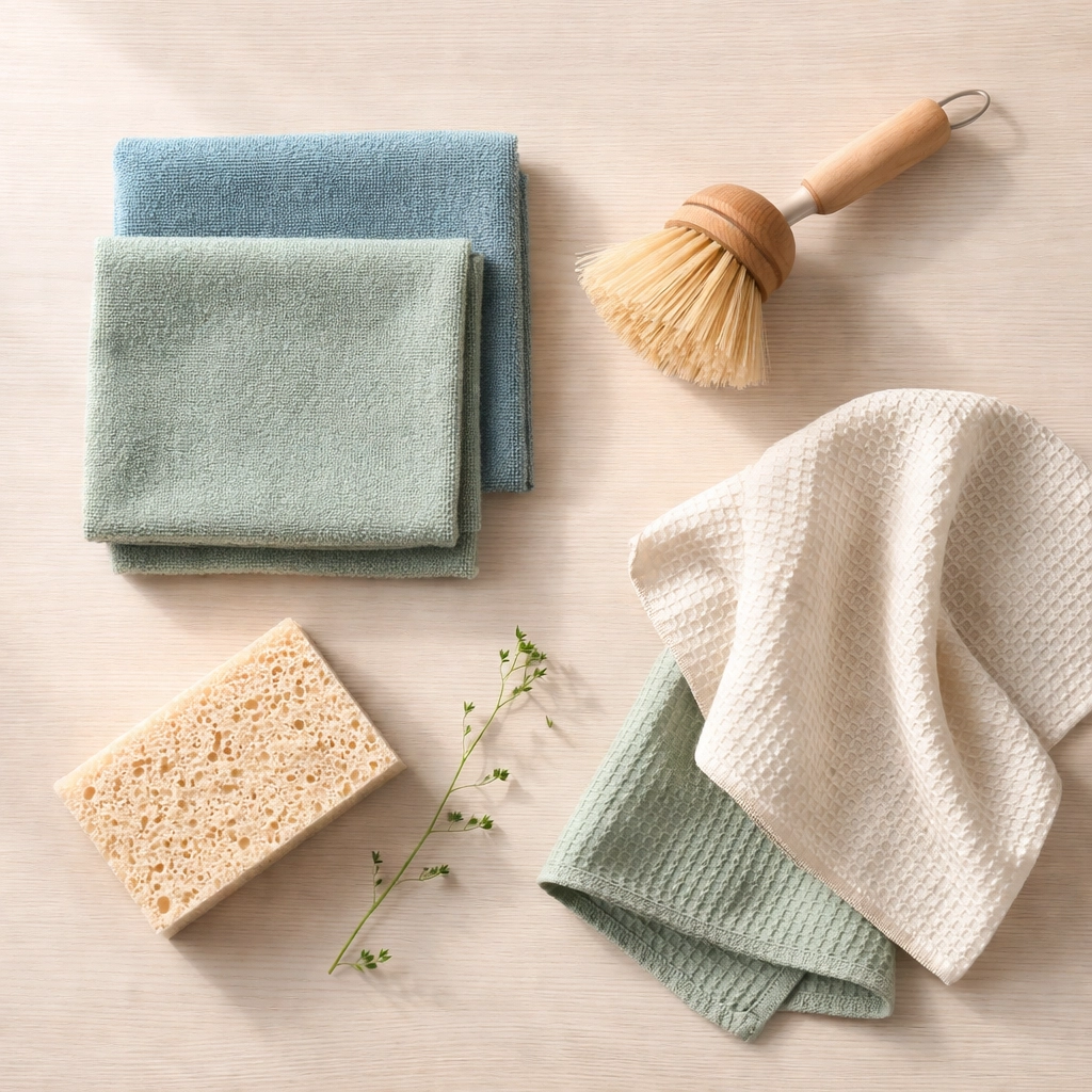 Sustainable cleaning tools like microfiber cloths, wooden brush, and reusable sponge on a modern light surface