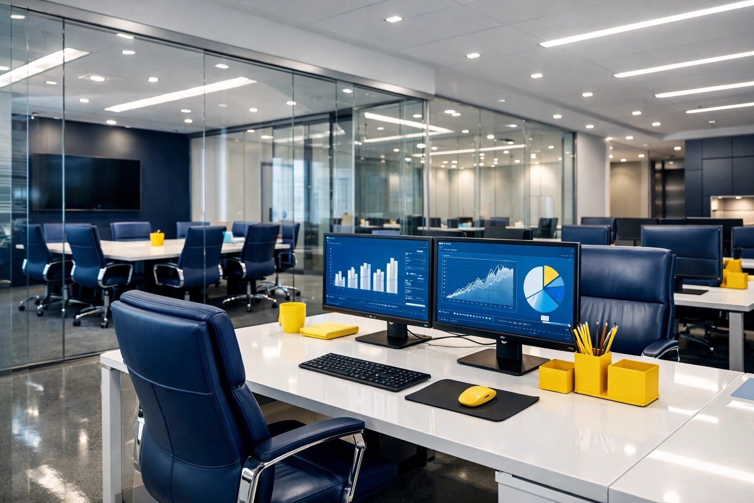 Clean minimalist office suite in Fitchburg demonstrating a productive workspace through professional cleaning.