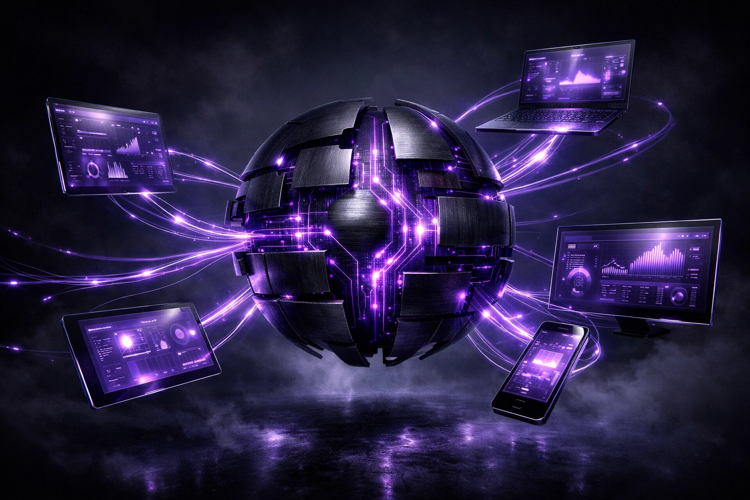 Headless ecommerce website development in Dubai showing a central data core powering multiple digital storefronts.