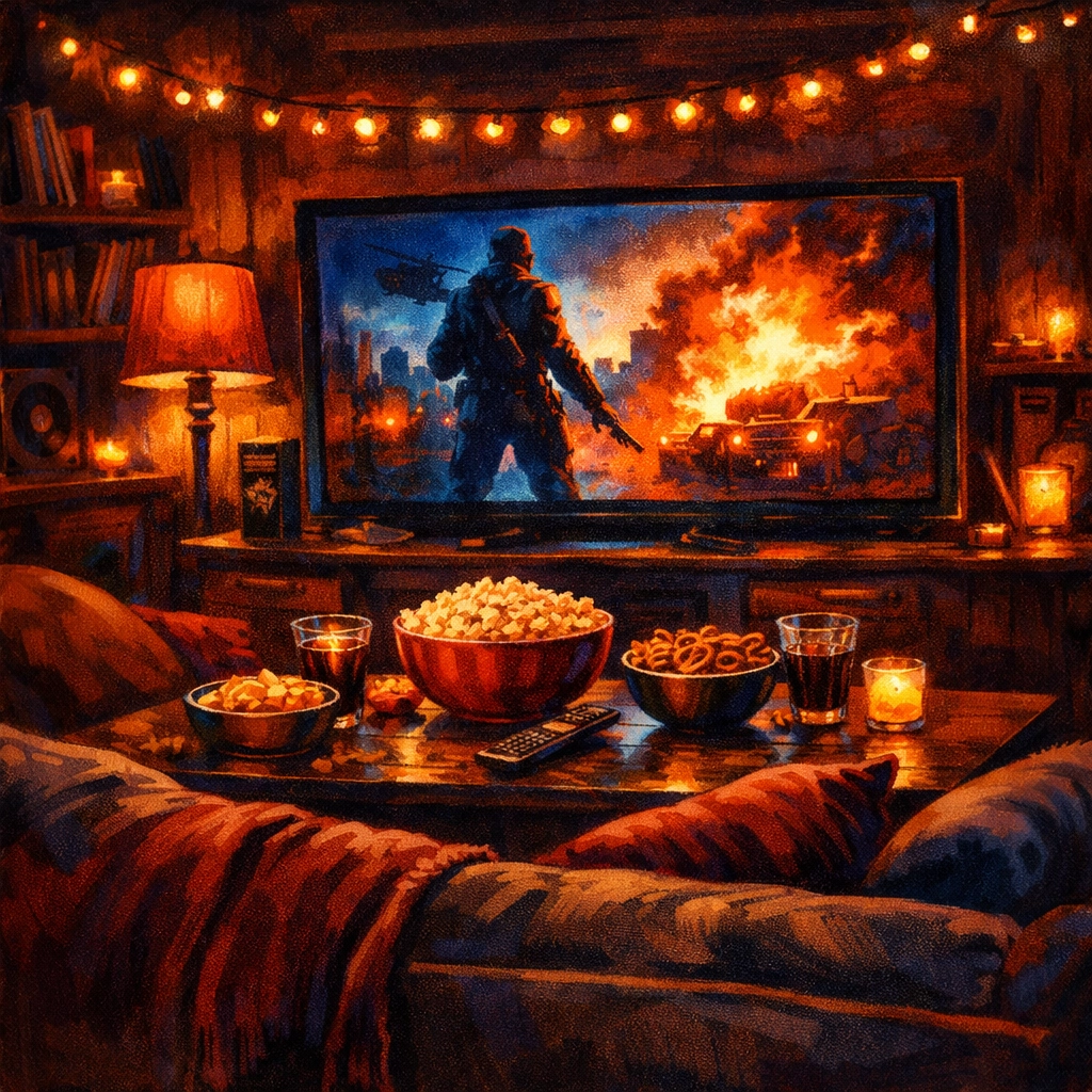 Cozy streaming setup for Valentine's Day movie night with popcorn and snacks