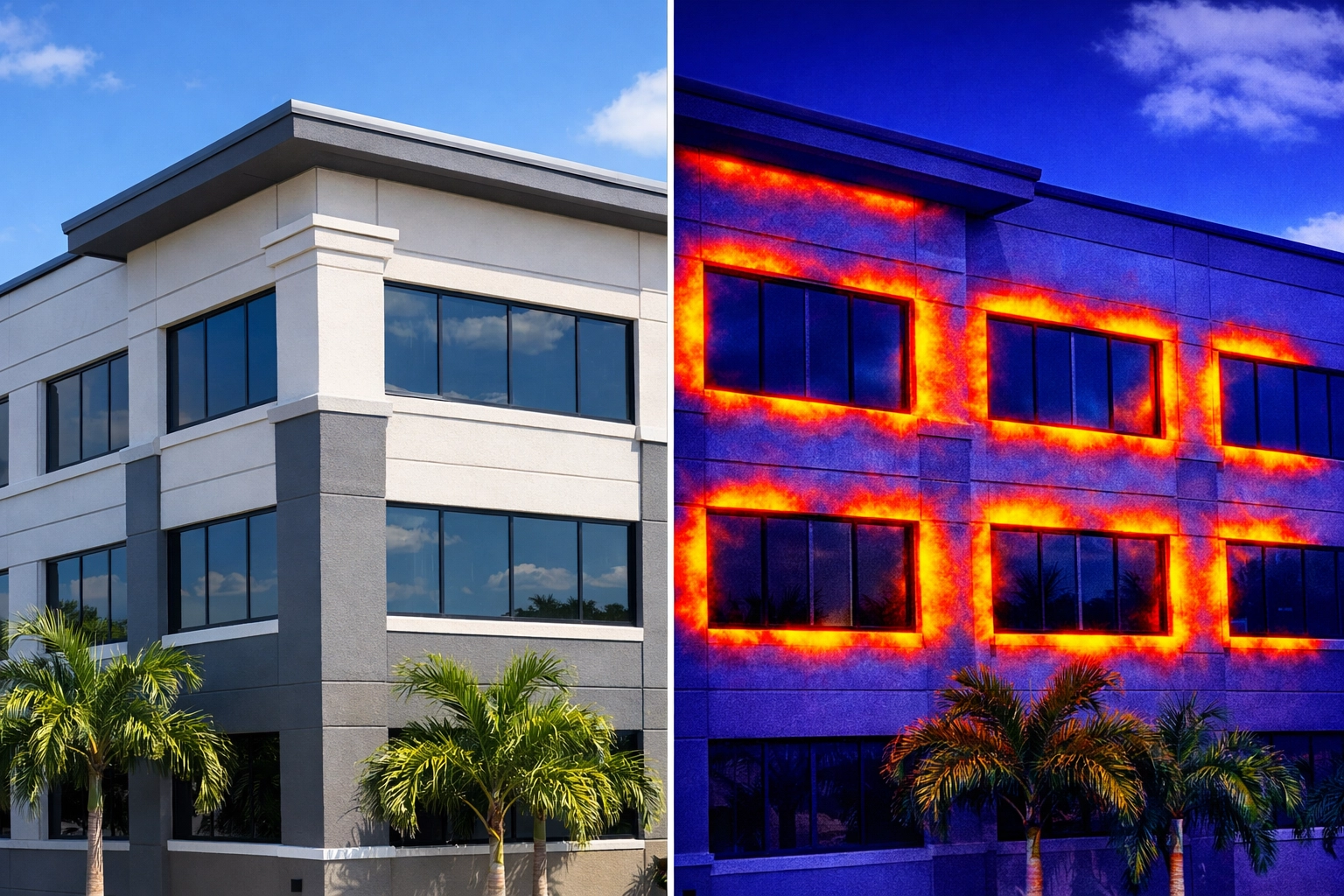 Split-screen thermal and visual inspection revealing hidden moisture intrusion in building facade