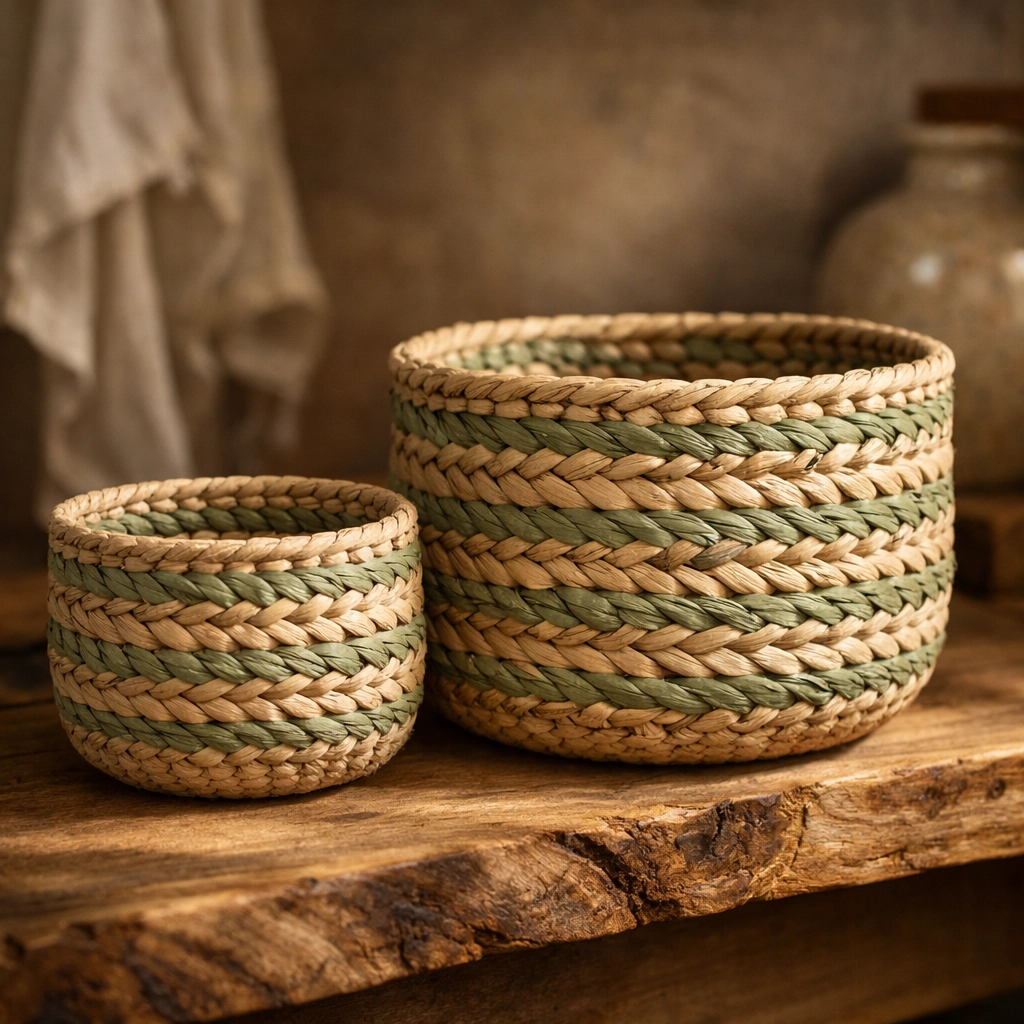 Handcrafted woven baskets in sage green styled on a wooden shelf for rustic home decor.