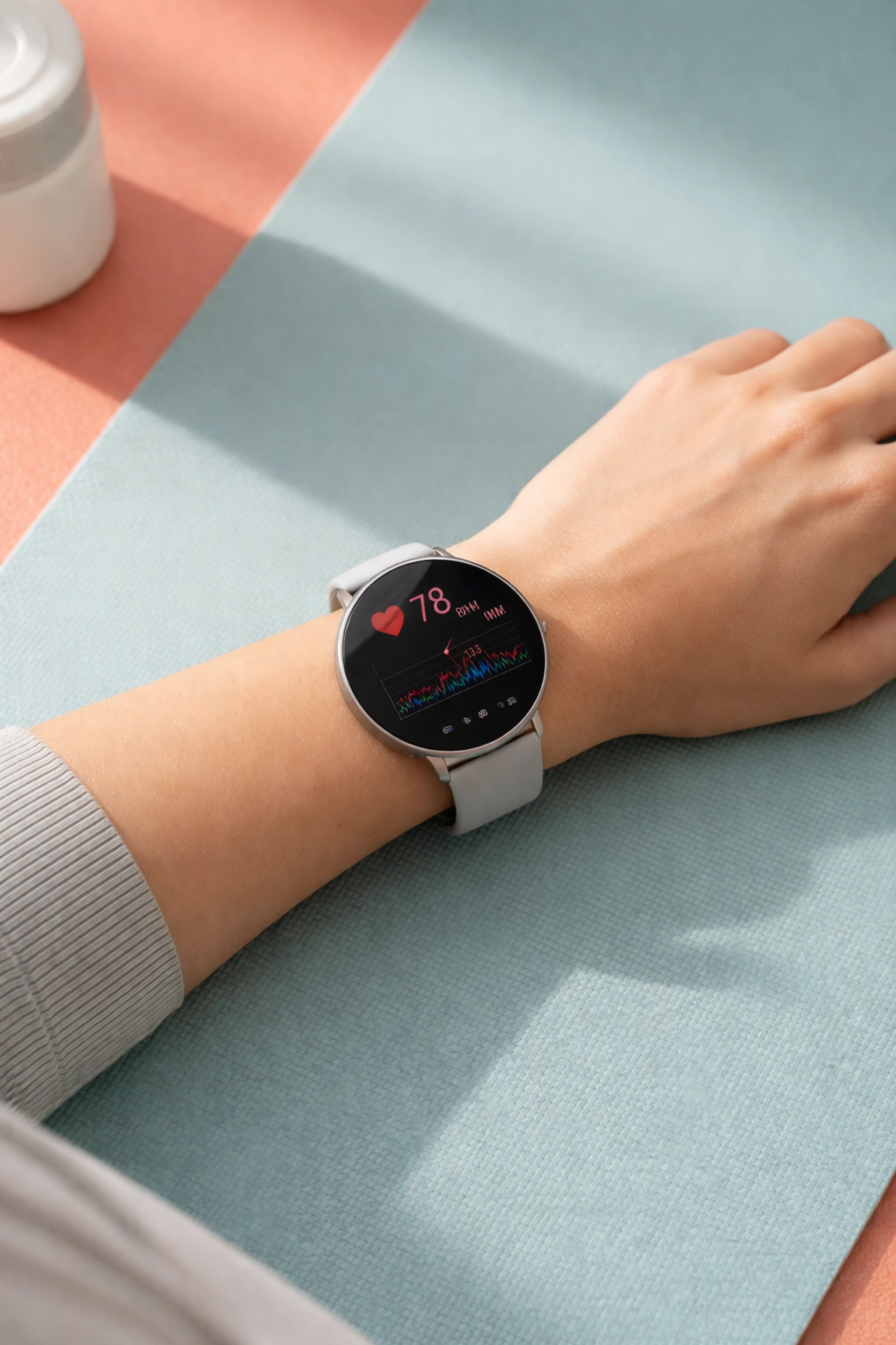 Close-up of wrist with fitness smartwatch tracking heart rate, highlighting exercise recovery