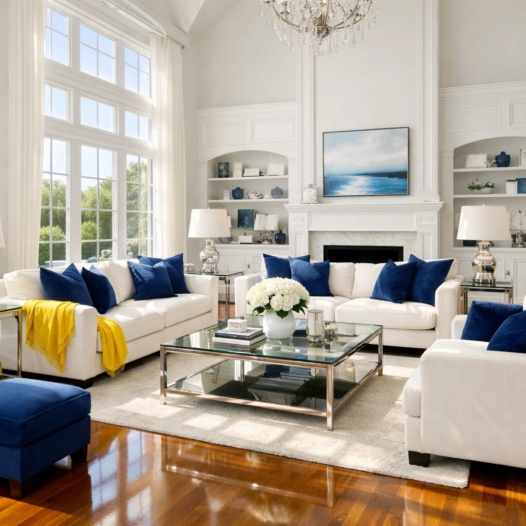 Pristine sun-drenched living room in Westford showing high-end weekly house cleaning results.