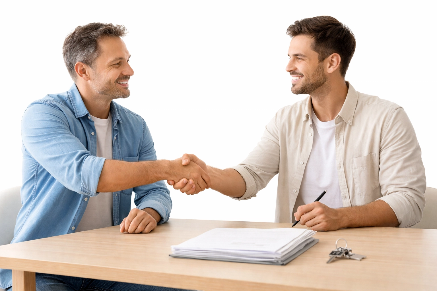 Homeowner and buyer shaking hands over paperwork and keys, illustrating a fast and simple cash home sale