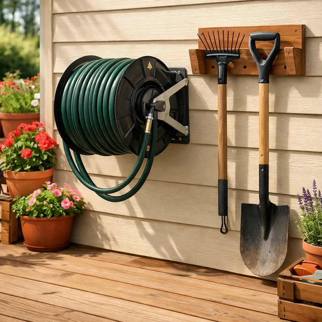 Organized garden hose on a wall-mounted reel and tools stored safely on a wooden deck.