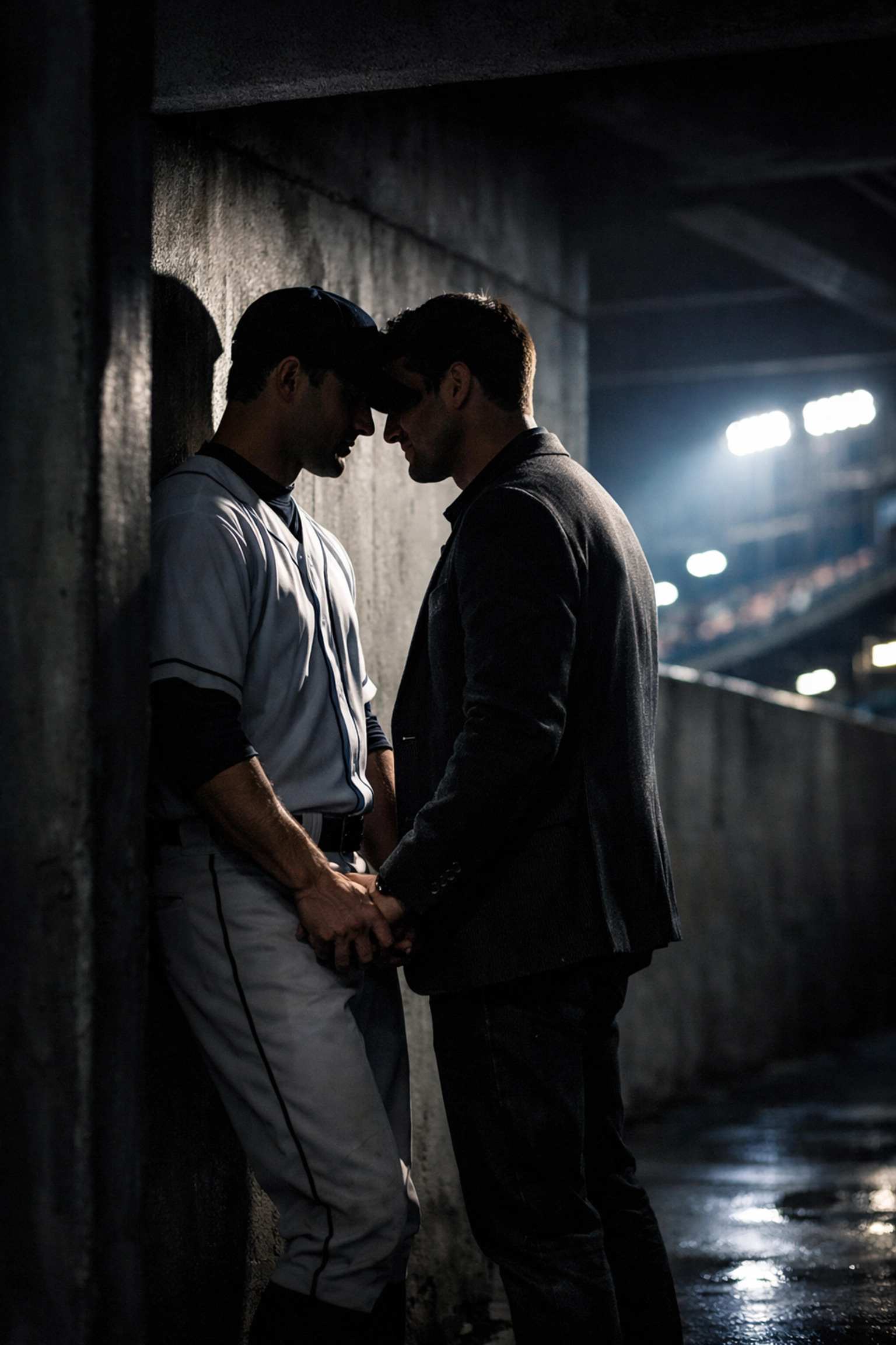 Two men holding hands in a dark stadium tunnel, capturing the tension of a secret date in a gay baseball romance story.