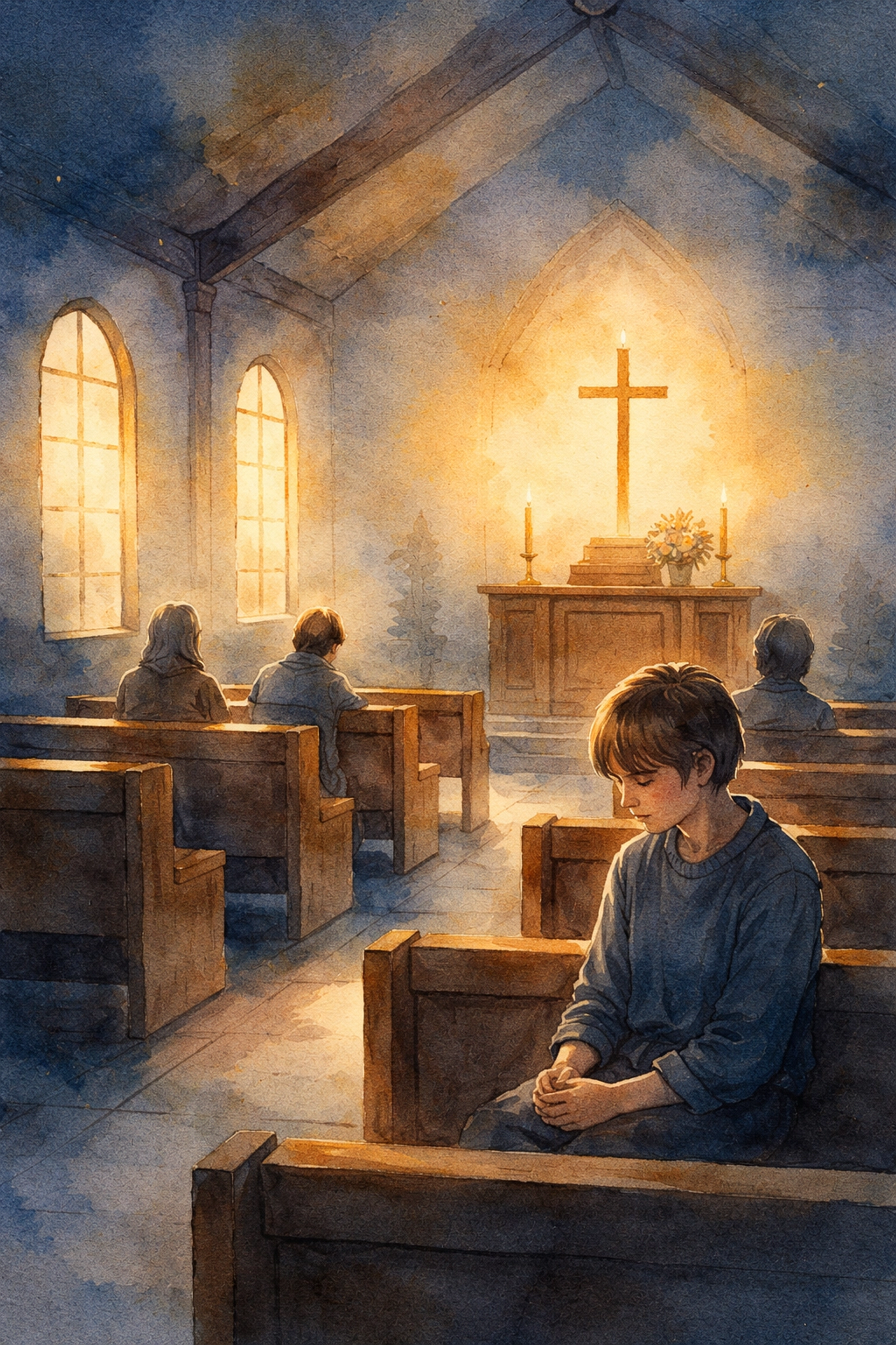 Watercolor illustration of a peaceful church sanctuary with worshippers quietly connecting in evening worship.