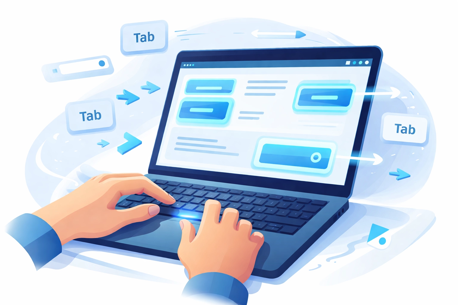 Hands using keyboard to navigate a laptop with highlighted focus areas, showing keyboard accessibility