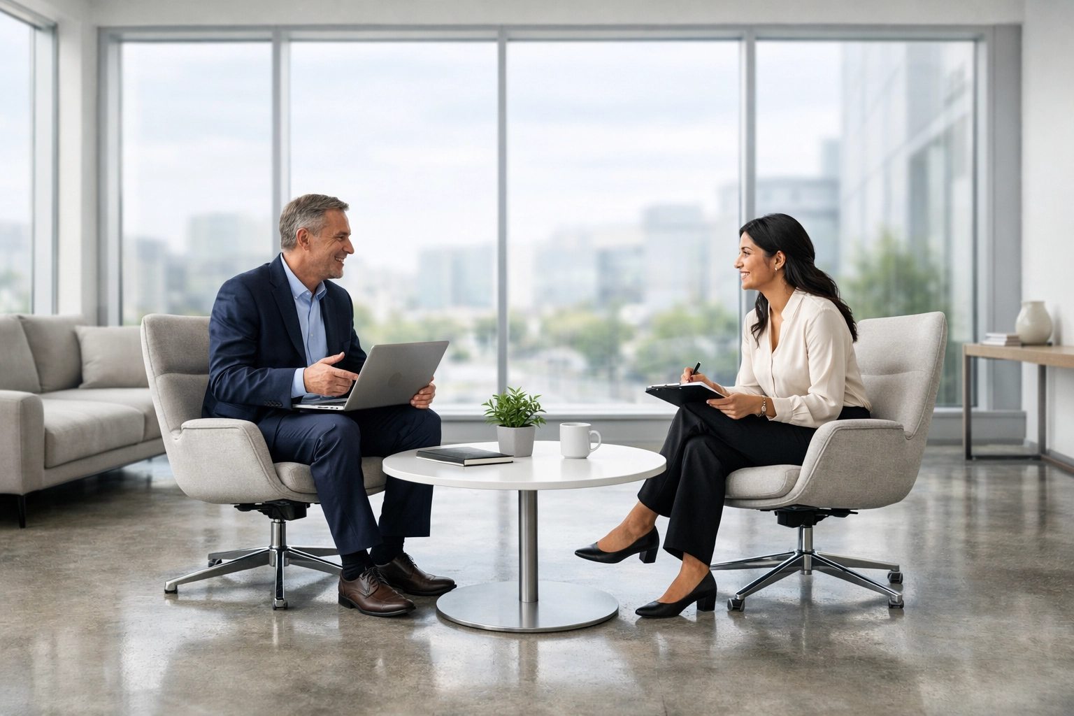 Professional tax preparers collaborating in a modern office lounge for career mentorship.