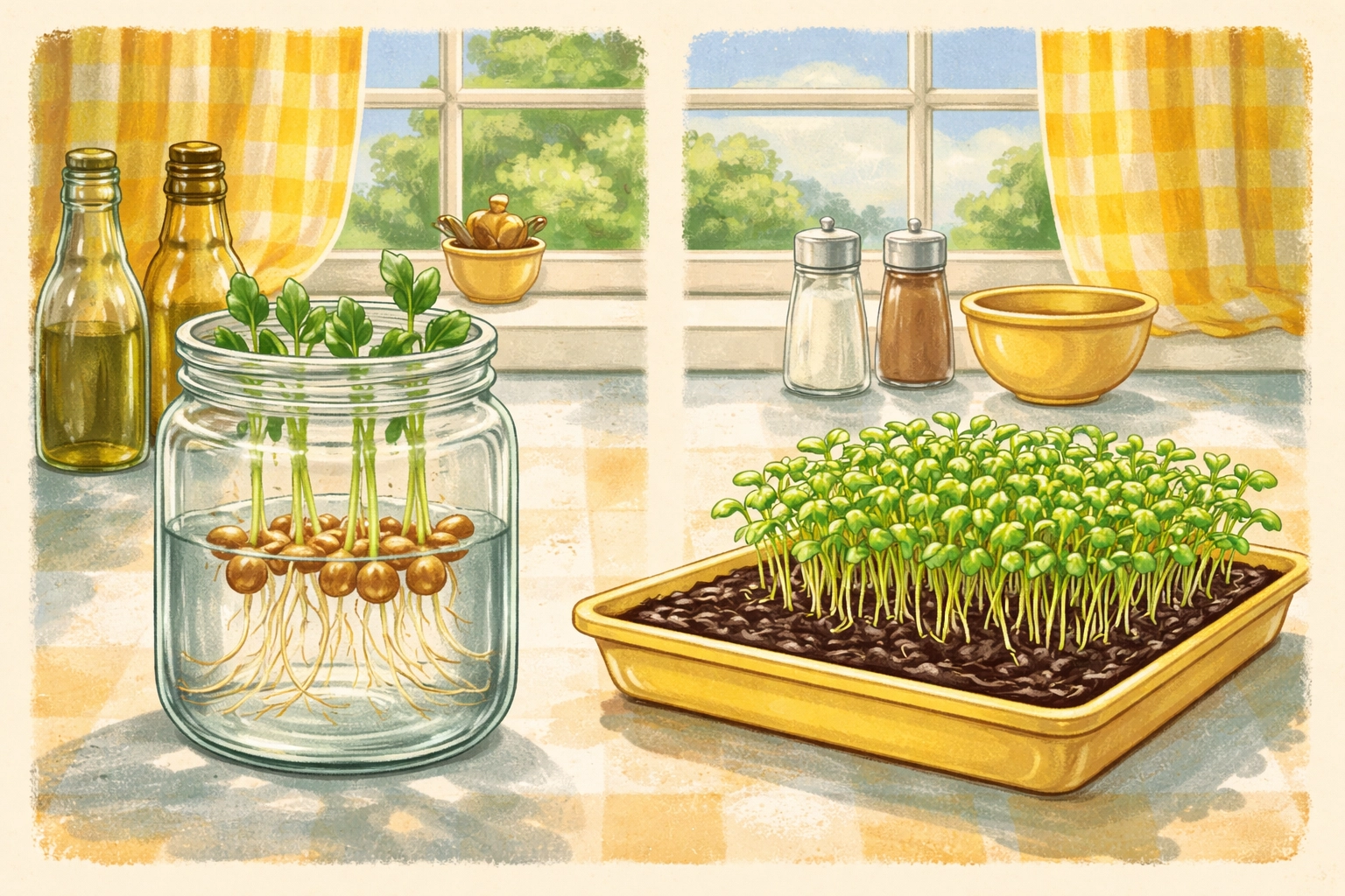 A whimsical side-by-side scene showing sprouts in a jar and microgreens in a shallow tray, 1950s storybook style