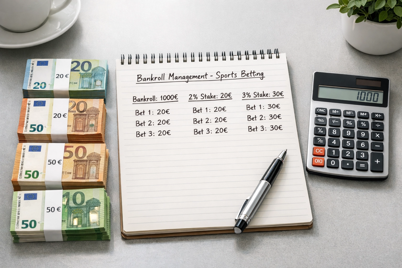 Bankroll-Management Planung: Notizbuch mit Fixed-Stake Berechnungen, Euro-Scheinen und Taschenrechner