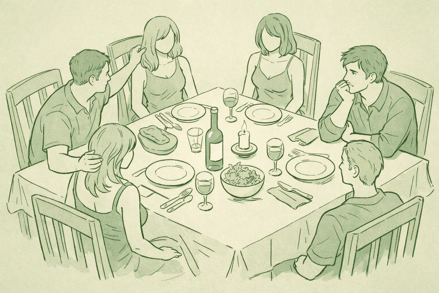 Gay men recreating family dinner with lifelike dolls at dining table