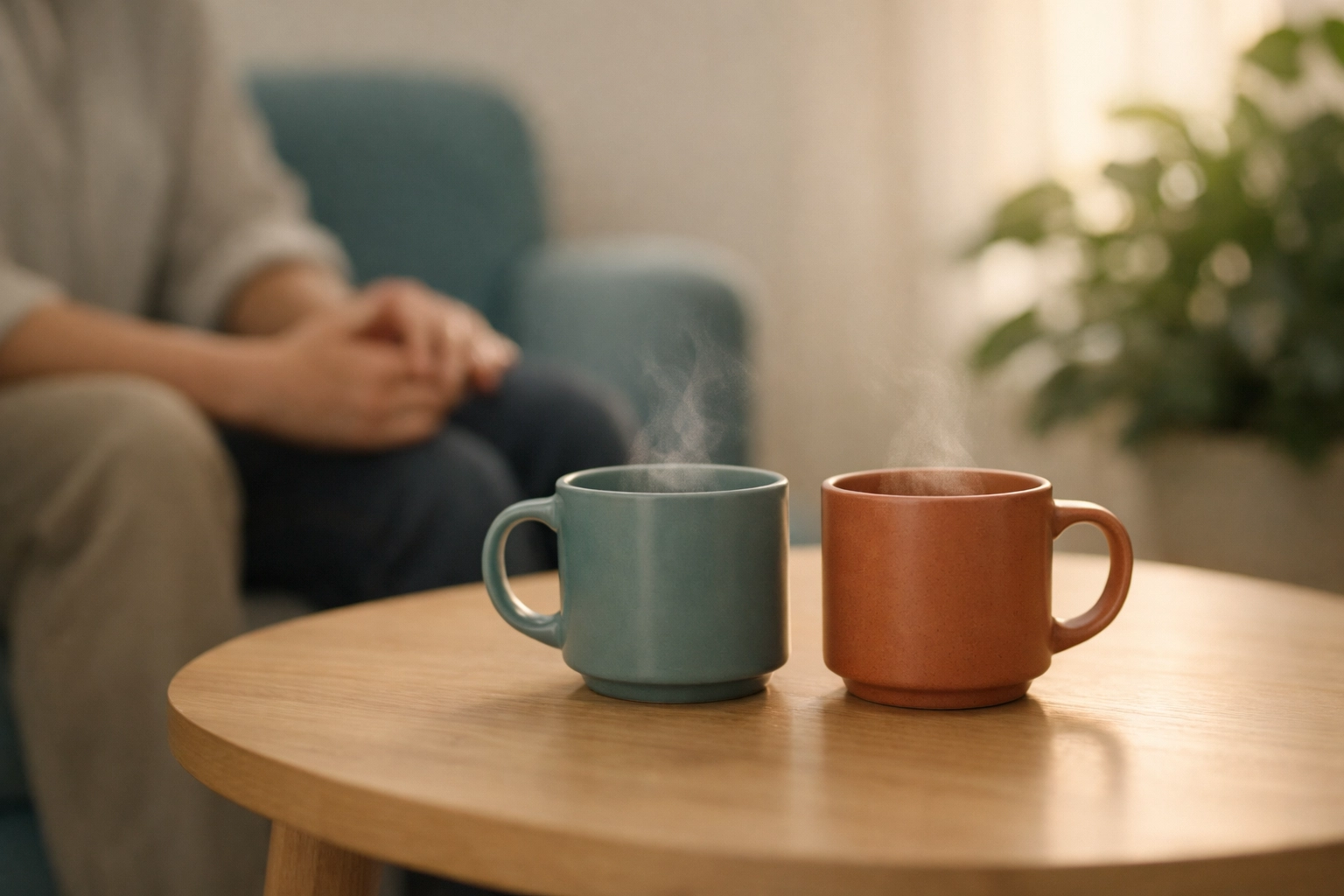 Affirming therapy space with tea mugs, symbolizing shared lived experience and trauma-informed support.