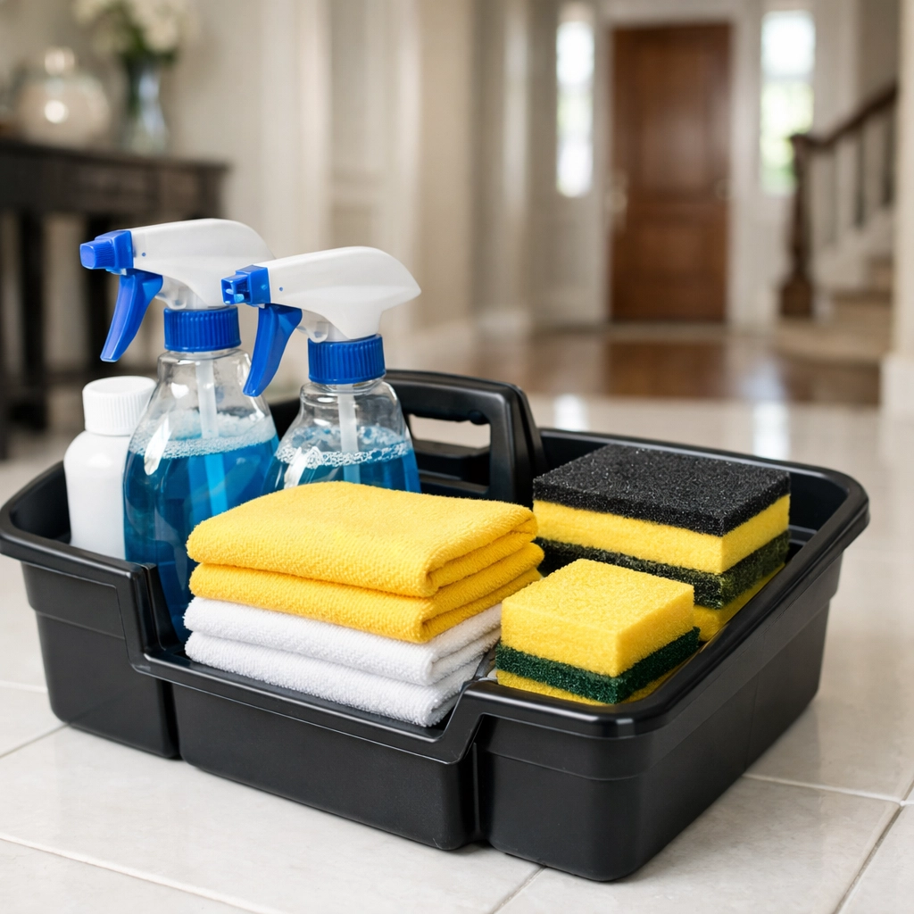 Professional house cleaning service in Fitchburg equipment and supplies ready in a clean hallway.