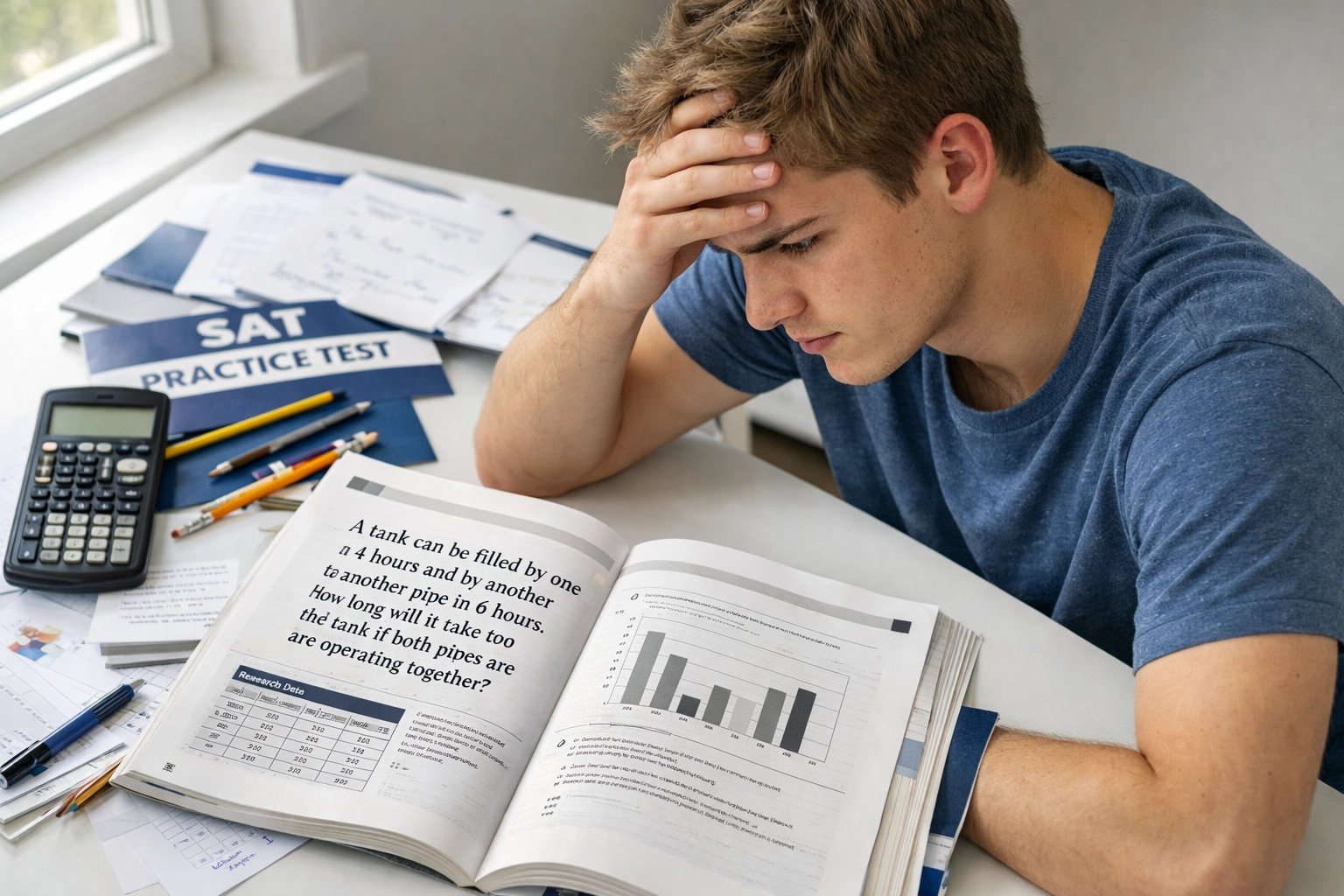 Student working through SAT data analysis problems with practice materials and calculator