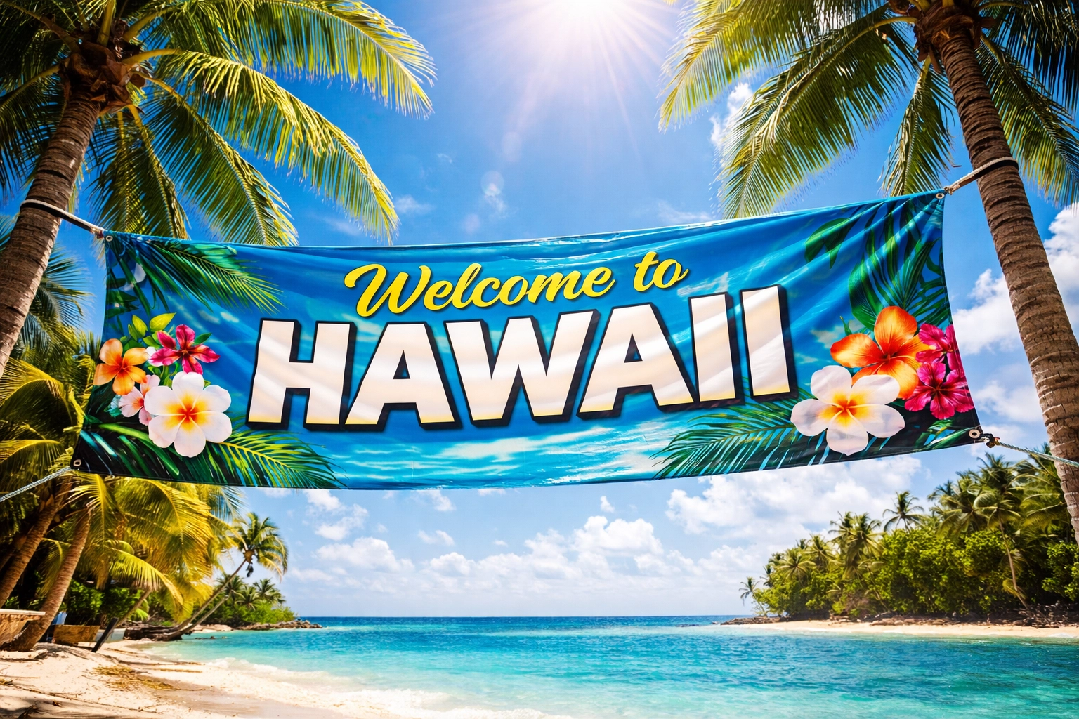 Durable vinyl banner stretched between palm trees in Kona, demonstrating sun-resistant material quality