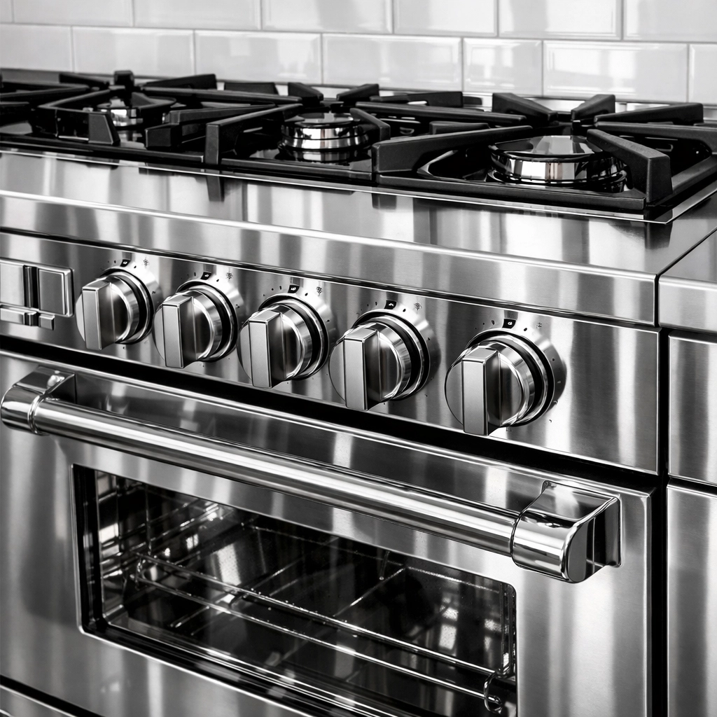 Pristine stainless steel stove and oven in a deep-cleaned kitchen for rental property turnover.