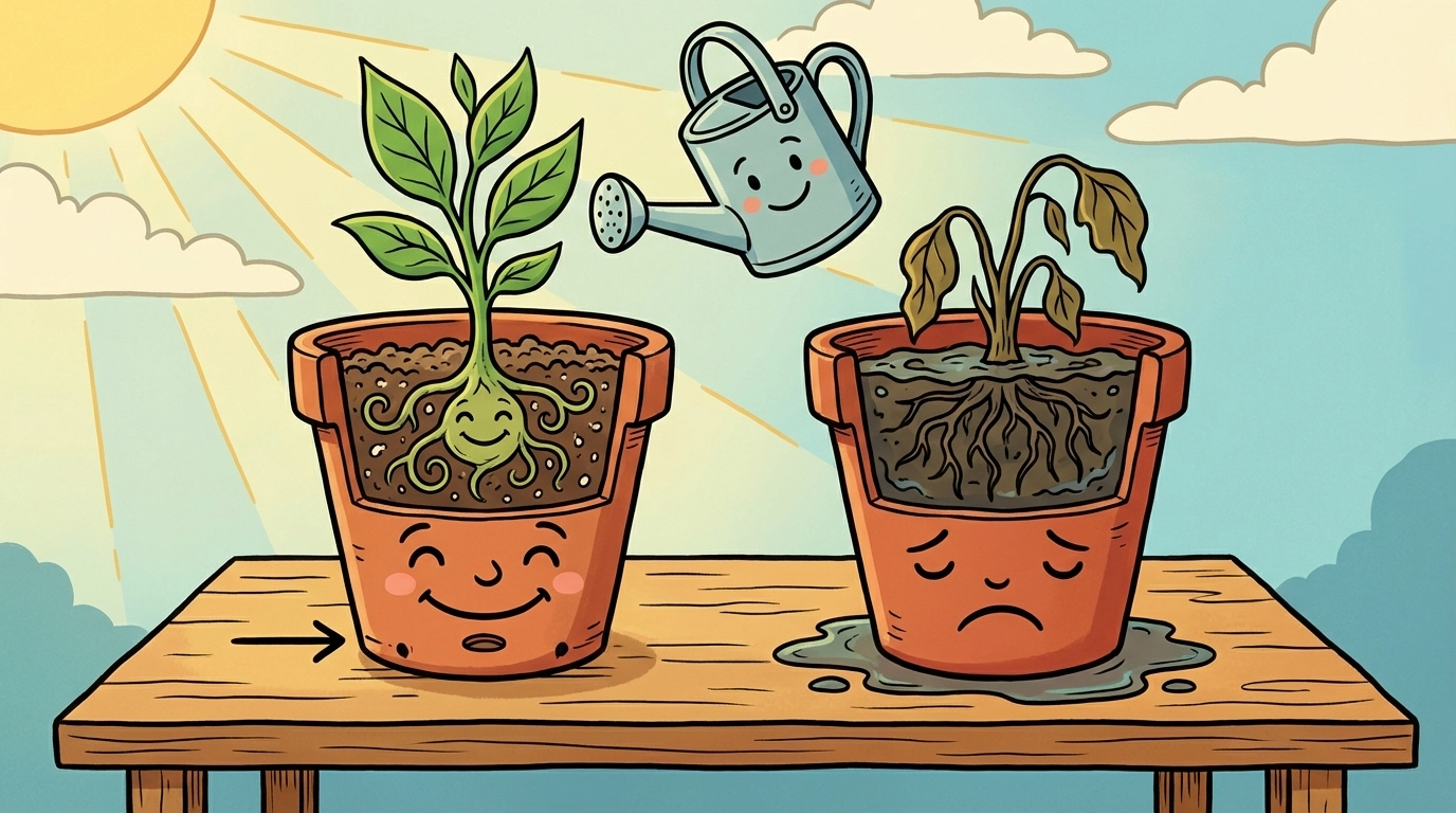 Illustration of two plant pots, one with drainage holes and healthy roots, the other waterlogged and wilted, highlighting proper drainage for houseplants